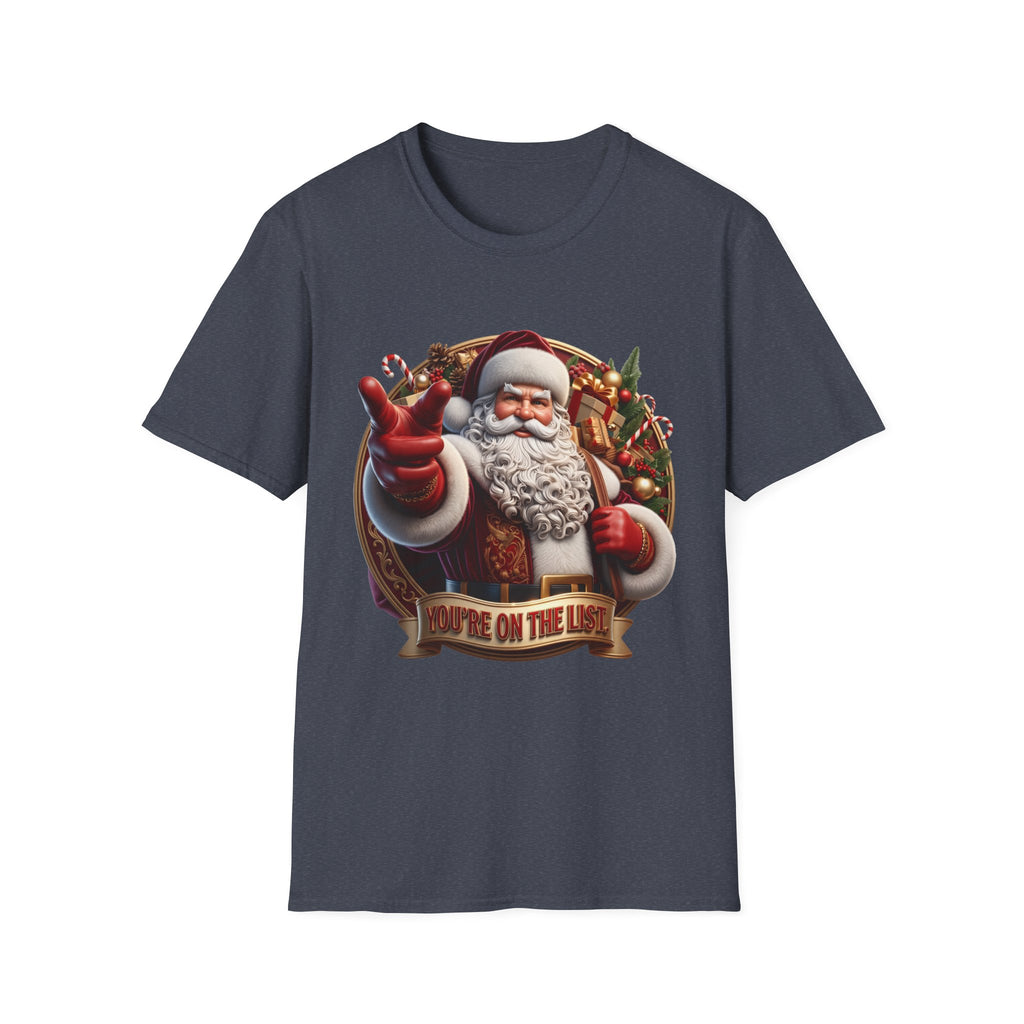 Santa You're On The List Pointing print on the front of a Heather Navy t-shirt, laid flat on white
