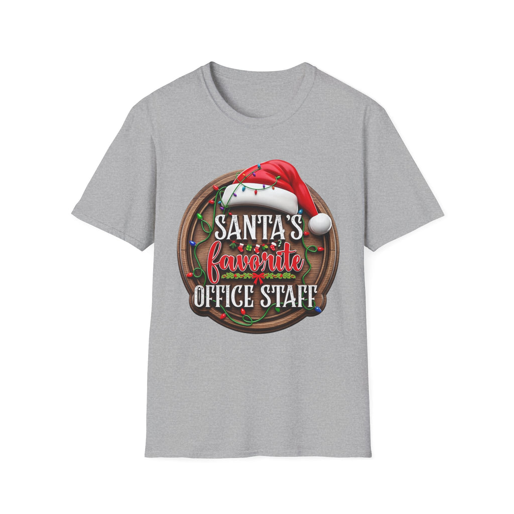 Santa's Favorite Office Staff print on the front of a Sport Grey t-shirt, laid flat on white