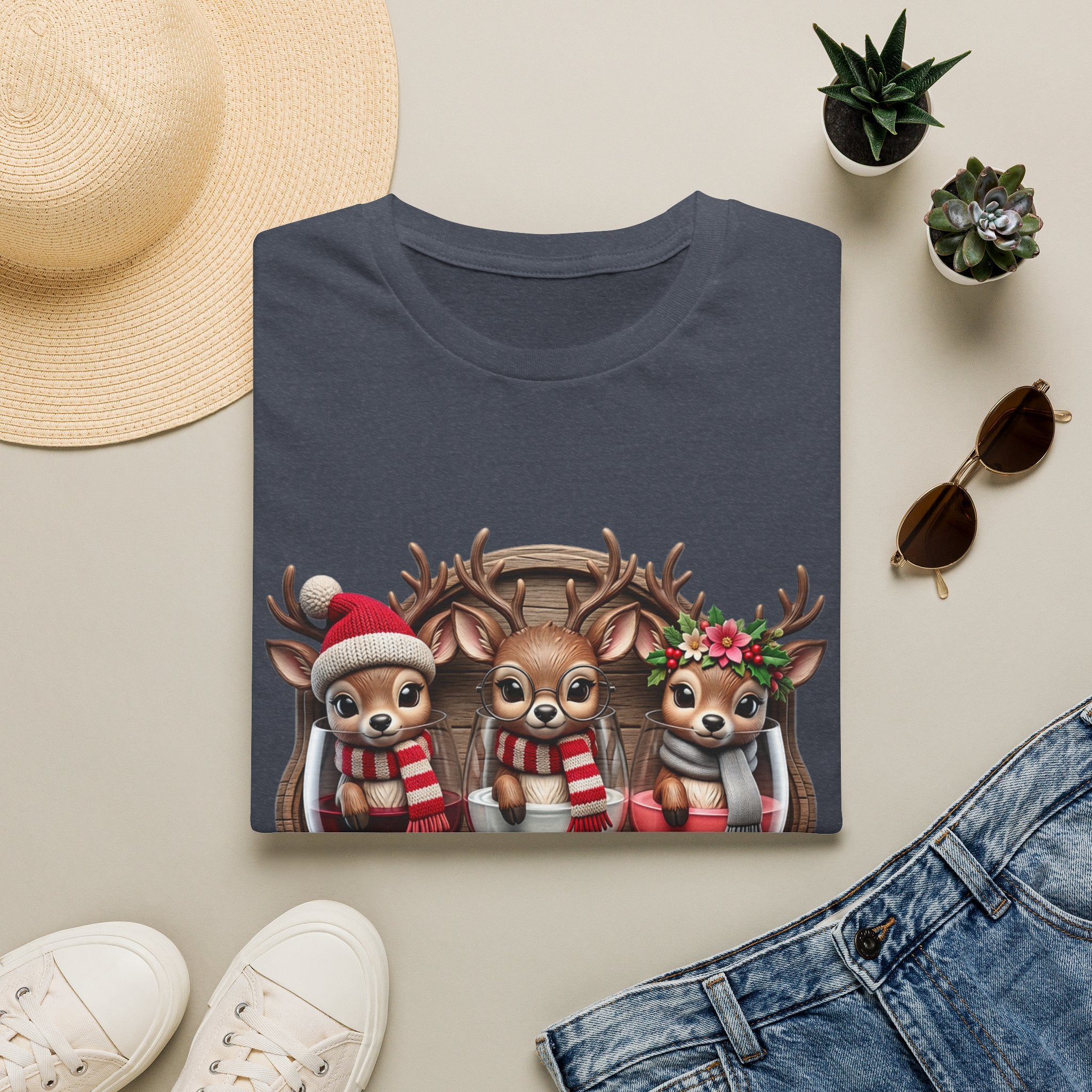 Drink Drank Drunk Reindeer Wine Trio print on a Heather Navy t-shirt, folded beside a straw hat and jeans