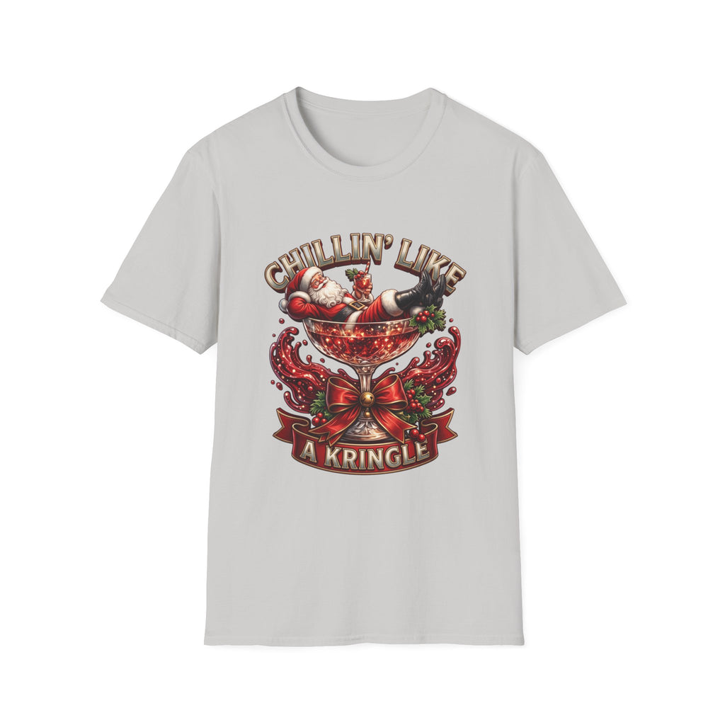 Chillin' Like a Kringle Santa print on the front of an Ice Grey t-shirt, laid flat on white