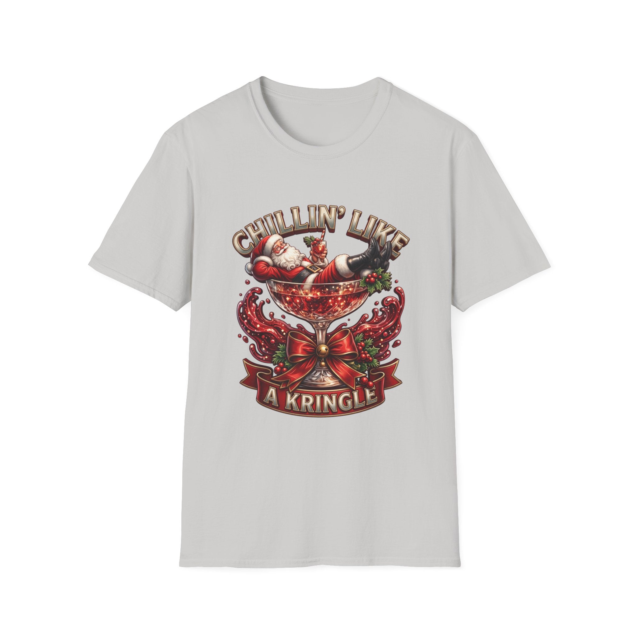 Chillin' Like a Kringle Santa print on the front of an Ice Grey t-shirt, laid flat on white
