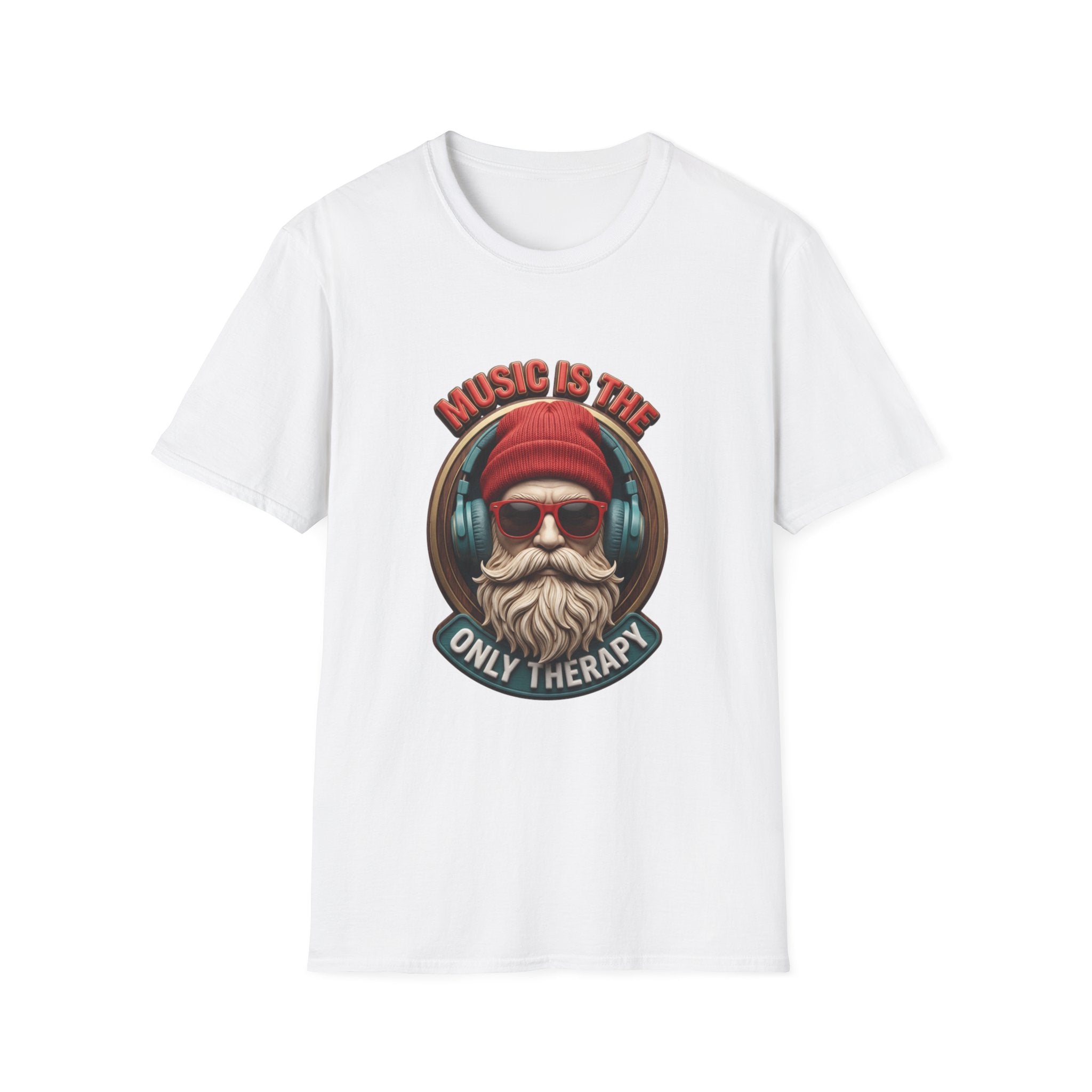 Music Is The Only Therapy Bearded Beanie print on the front of a White t-shirt, laid flat on white