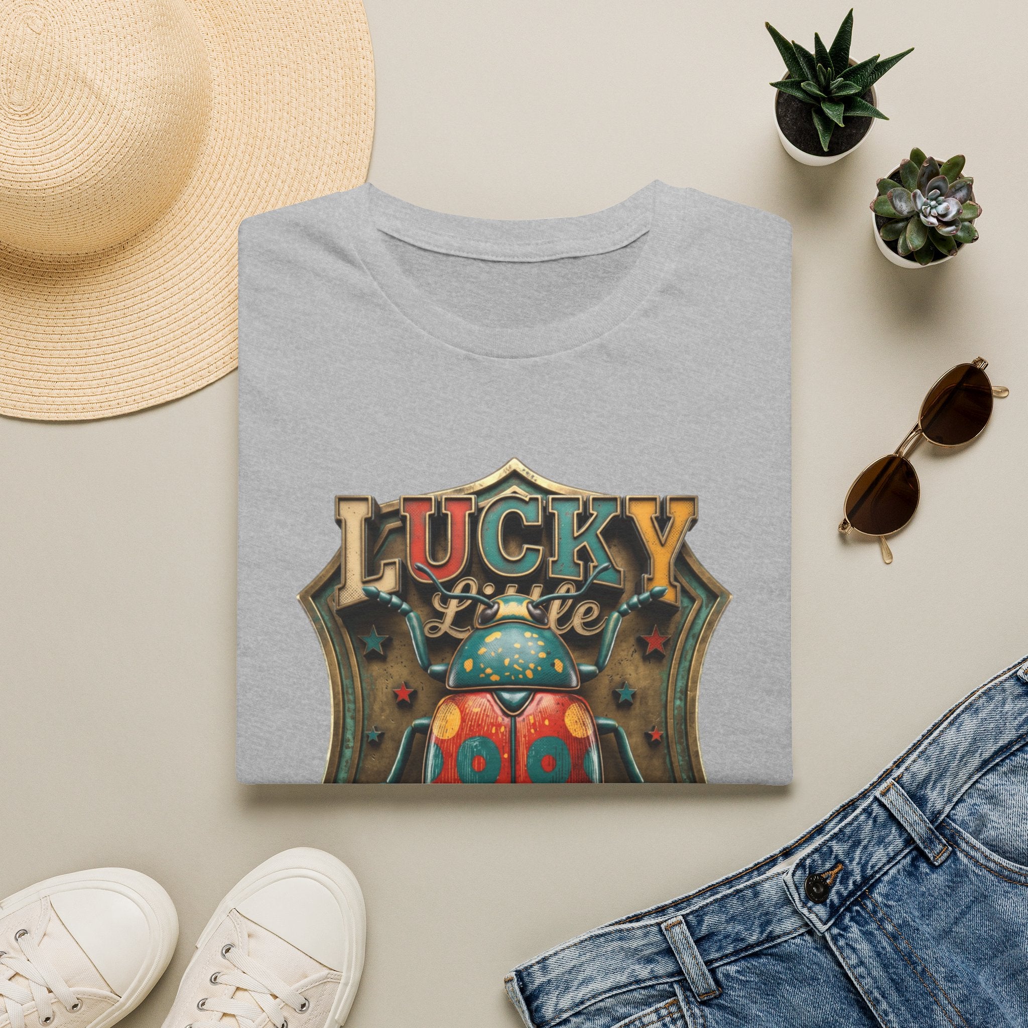 Lucky Little Bugger Vintage Beetle print on a Sport Grey t-shirt, folded beside a straw hat and jeans