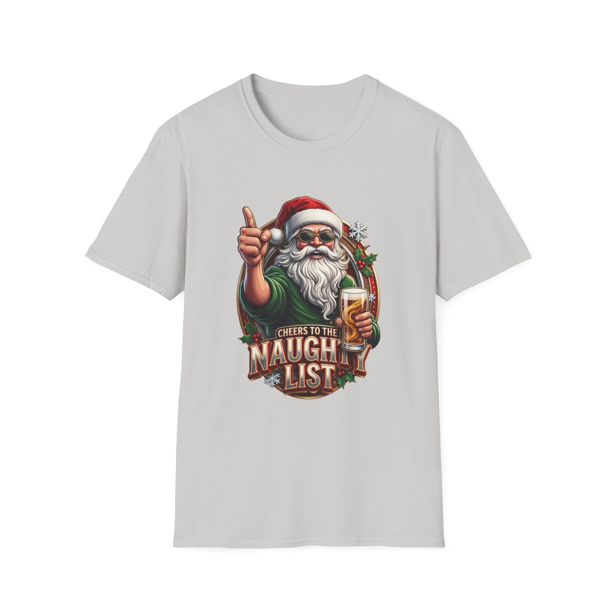 Cheers to the Naughty List Santa Beer print on the front of an Ice Grey t-shirt, laid flat on white