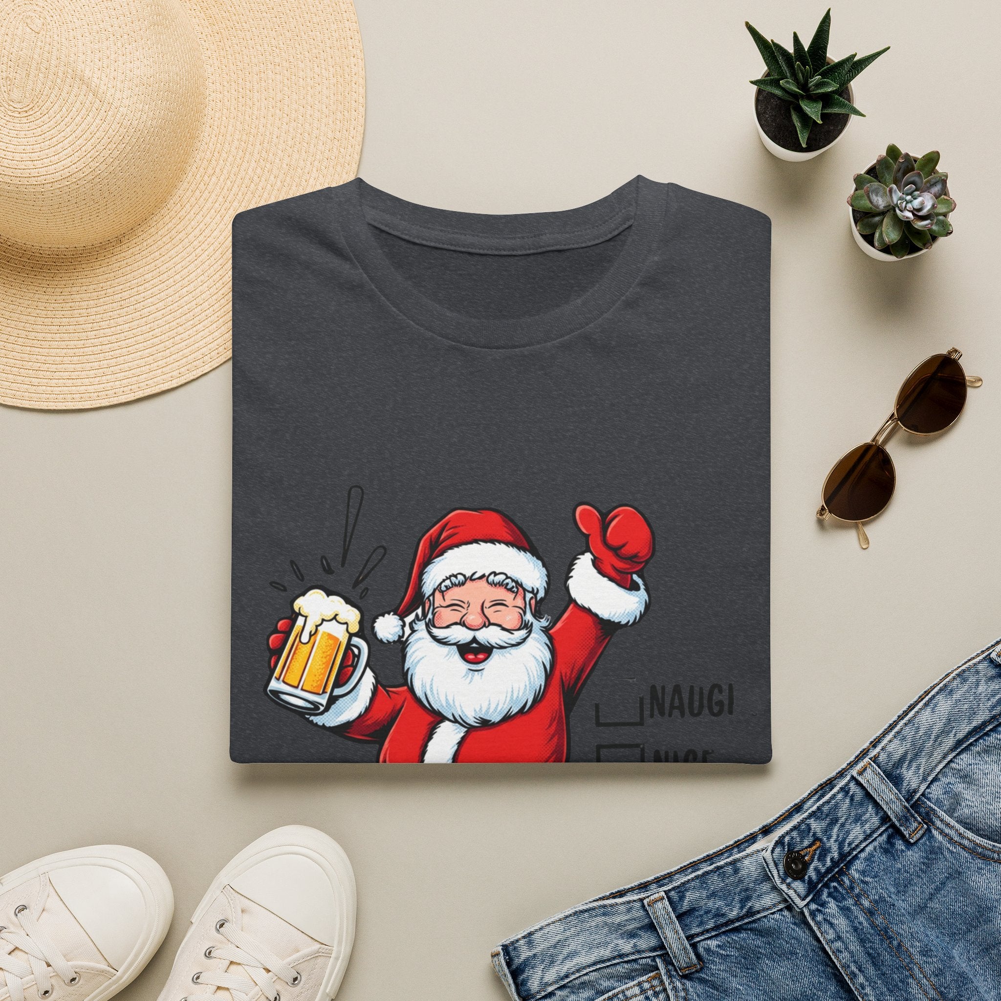 Naughty Nice Drunk Santa Beer Checklist print on a Dark Heather Grey t-shirt, folded beside a straw hat and jeans