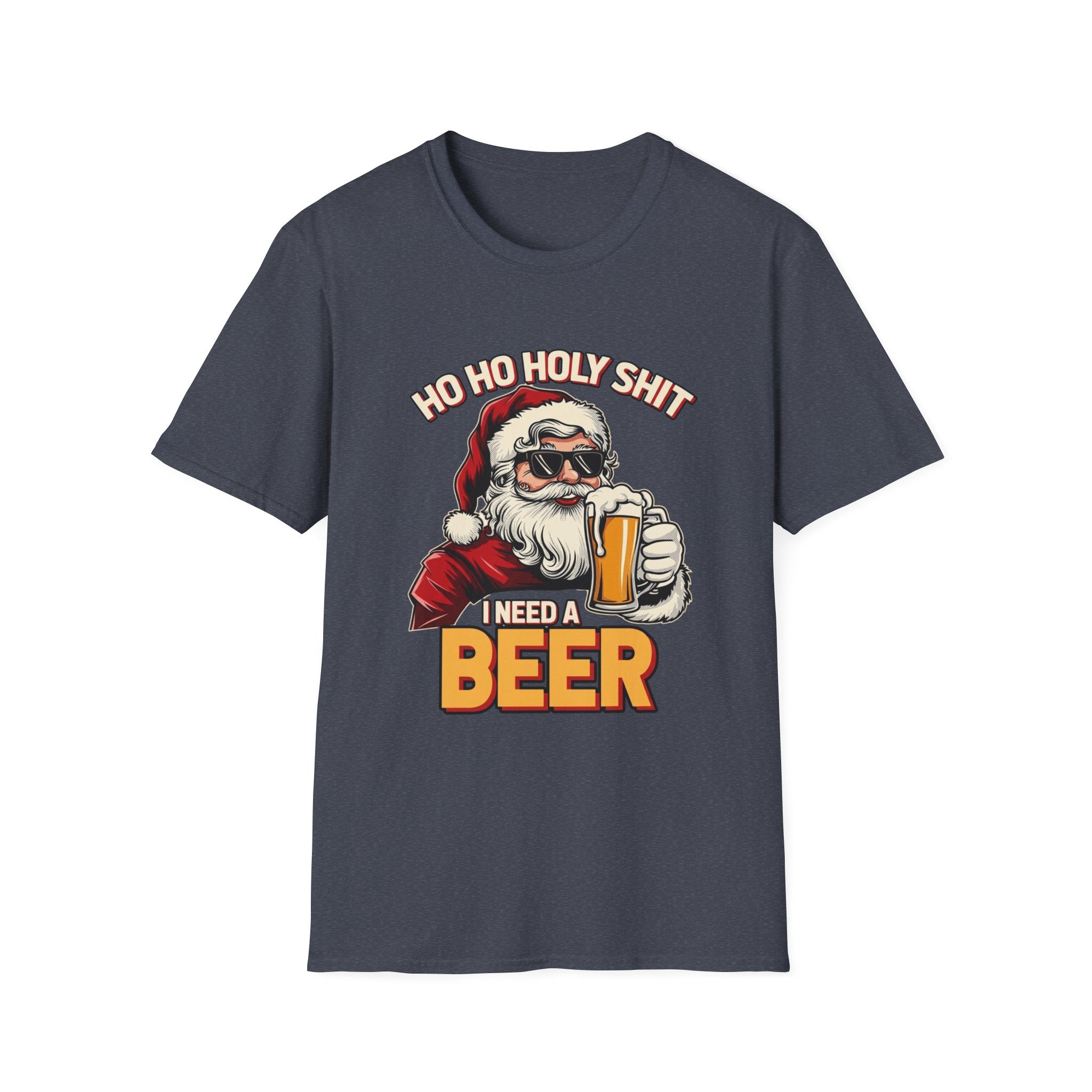 Ho Ho Holy Sh*t I Need a Beer print on the front of a Heather Navy t-shirt, laid flat on white