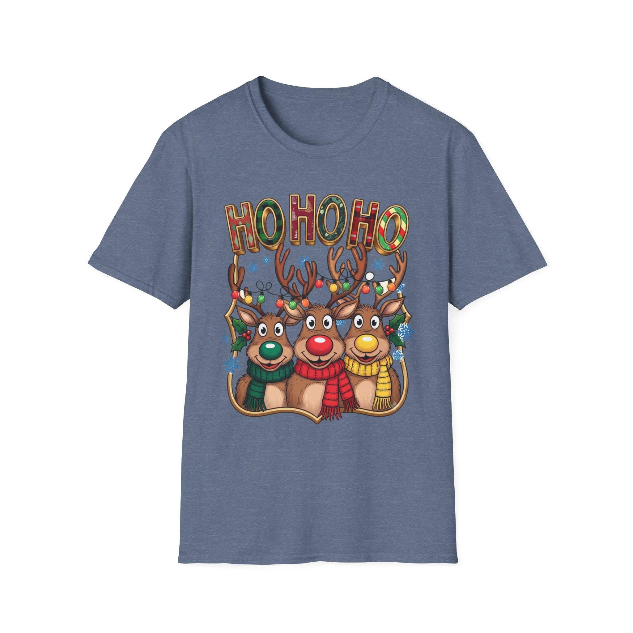 Reindeer Trio Ho Ho Ho Christmas Lights print on the front of a Heather Indigo t-shirt, laid flat on white