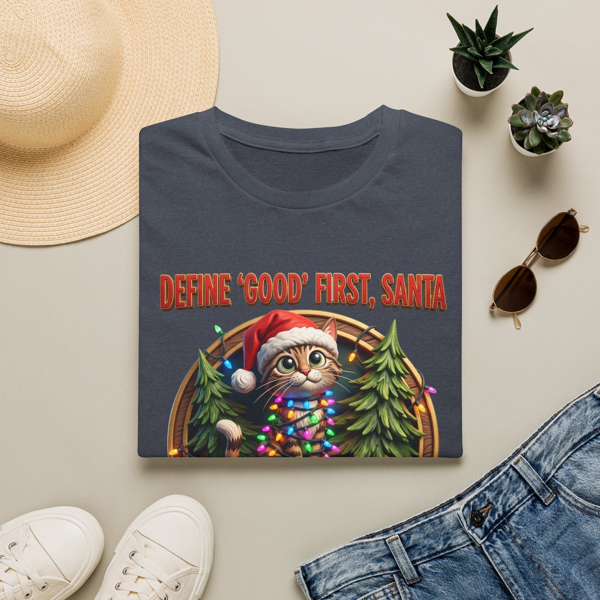 Define Good First Santa Funny Christmas Cat print on a Heather Navy t-shirt, folded beside a straw hat and jeans