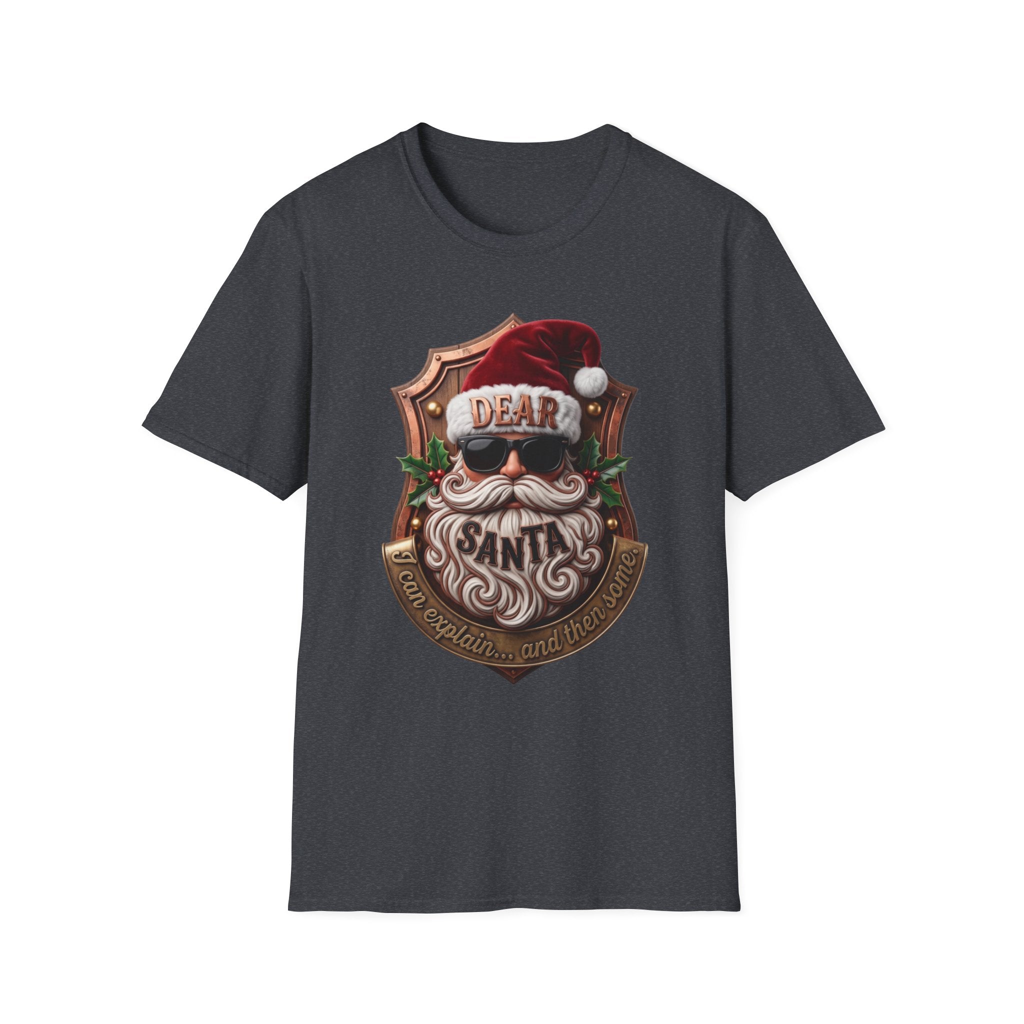 Dear Santa I Can Explain Sunglasses Crest print on the front of a Dark Heather Grey t-shirt, laid flat on white