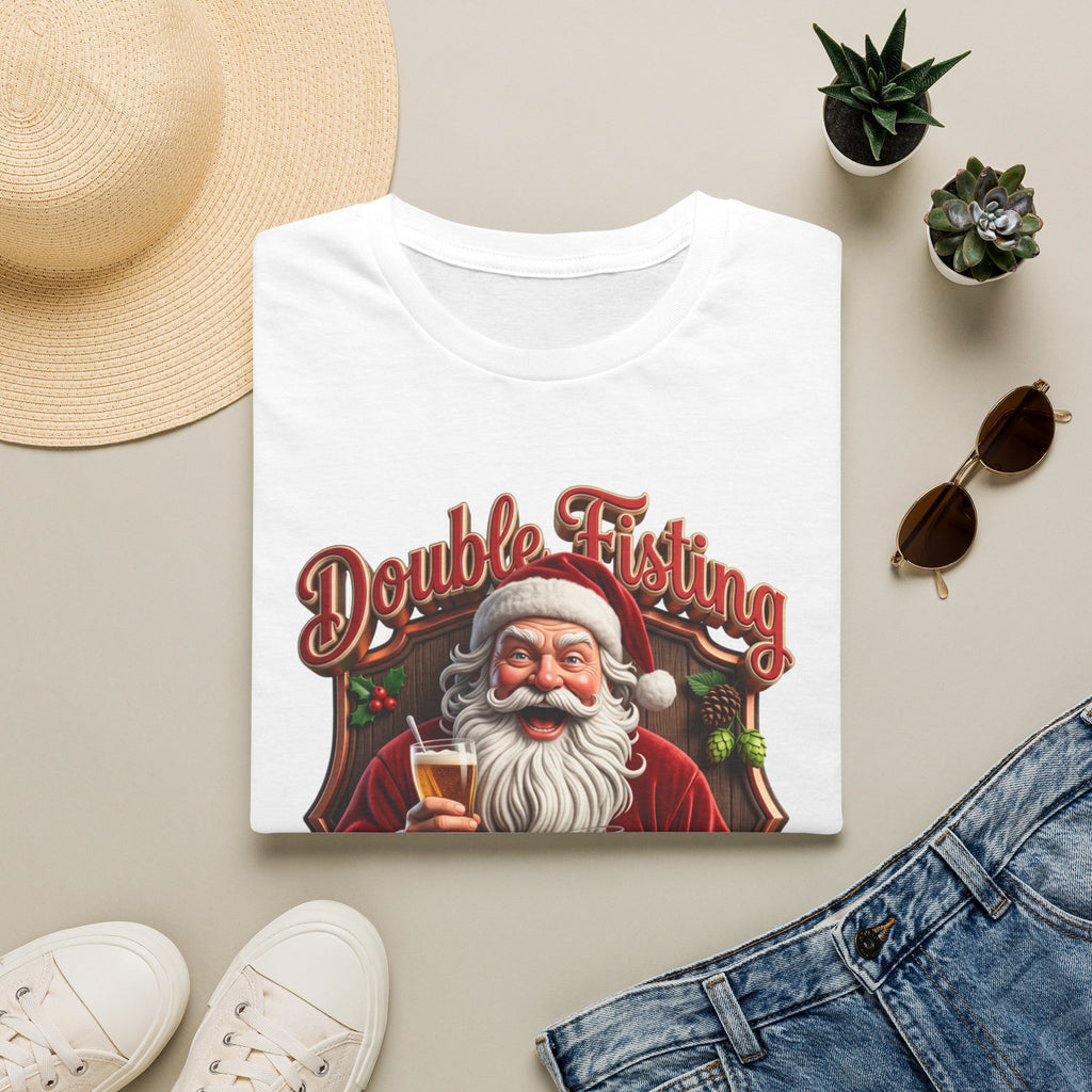Santa Beer in Each Hand Funny print on a White t-shirt, folded beside a straw hat and jeans
