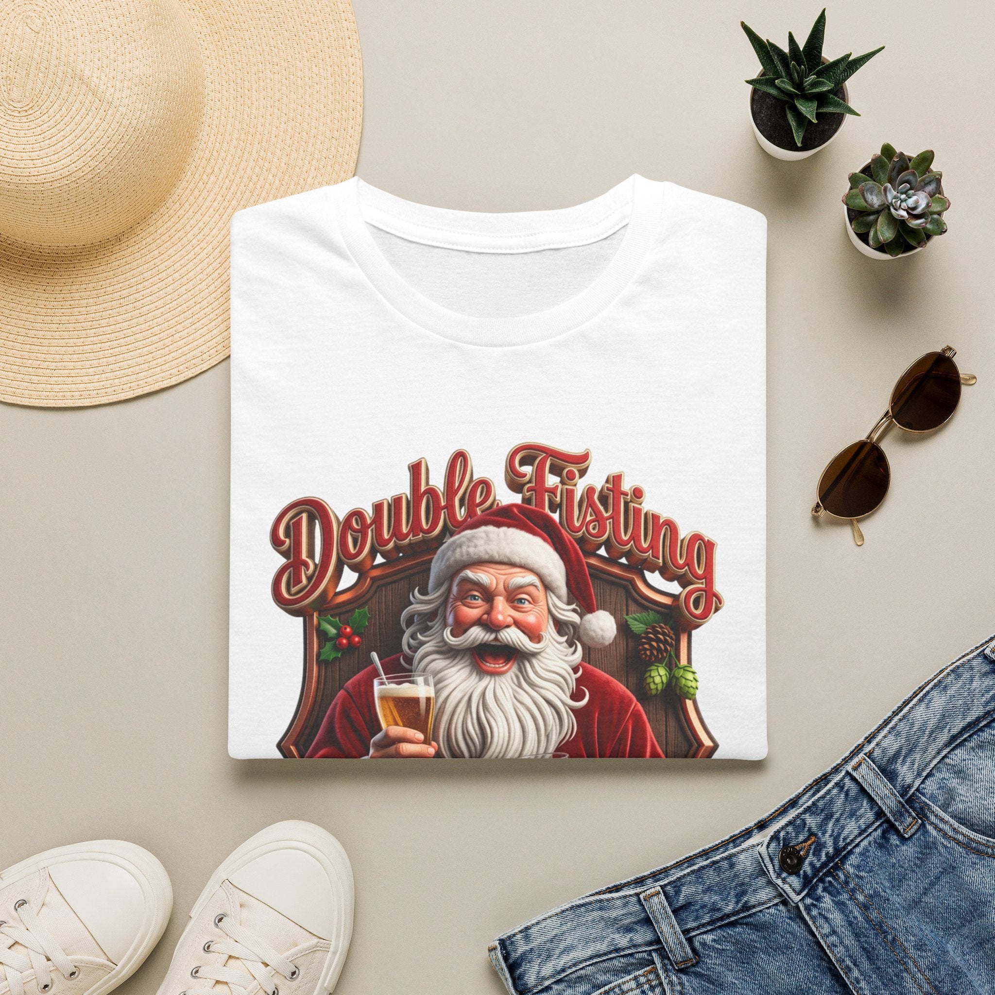 Santa Beer in Each Hand Funny print on a White t-shirt, folded beside a straw hat and jeans