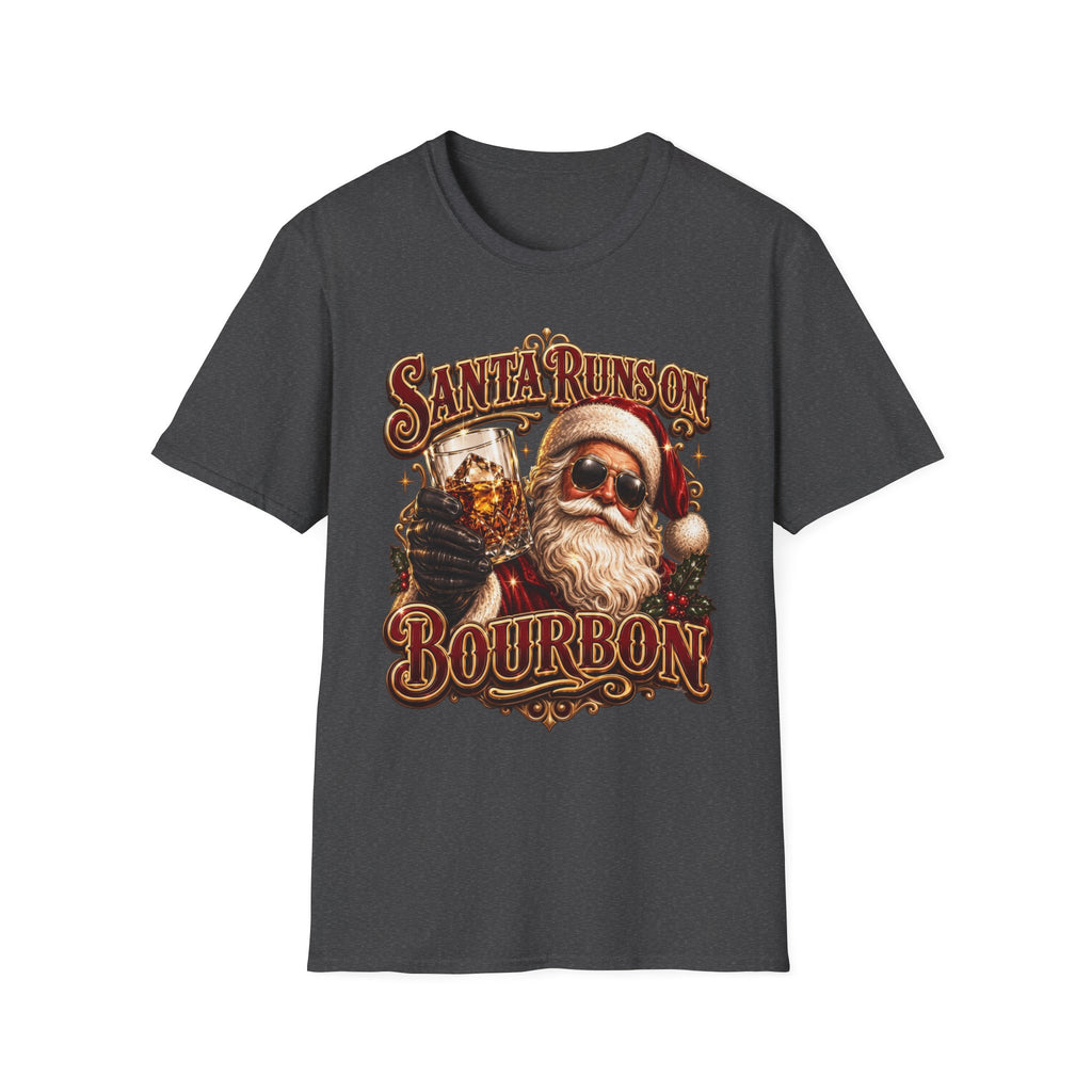 Santa Runs on Bourbon Vintage Whiskey print on the front of a Dark Heather t-shirt, laid flat on white