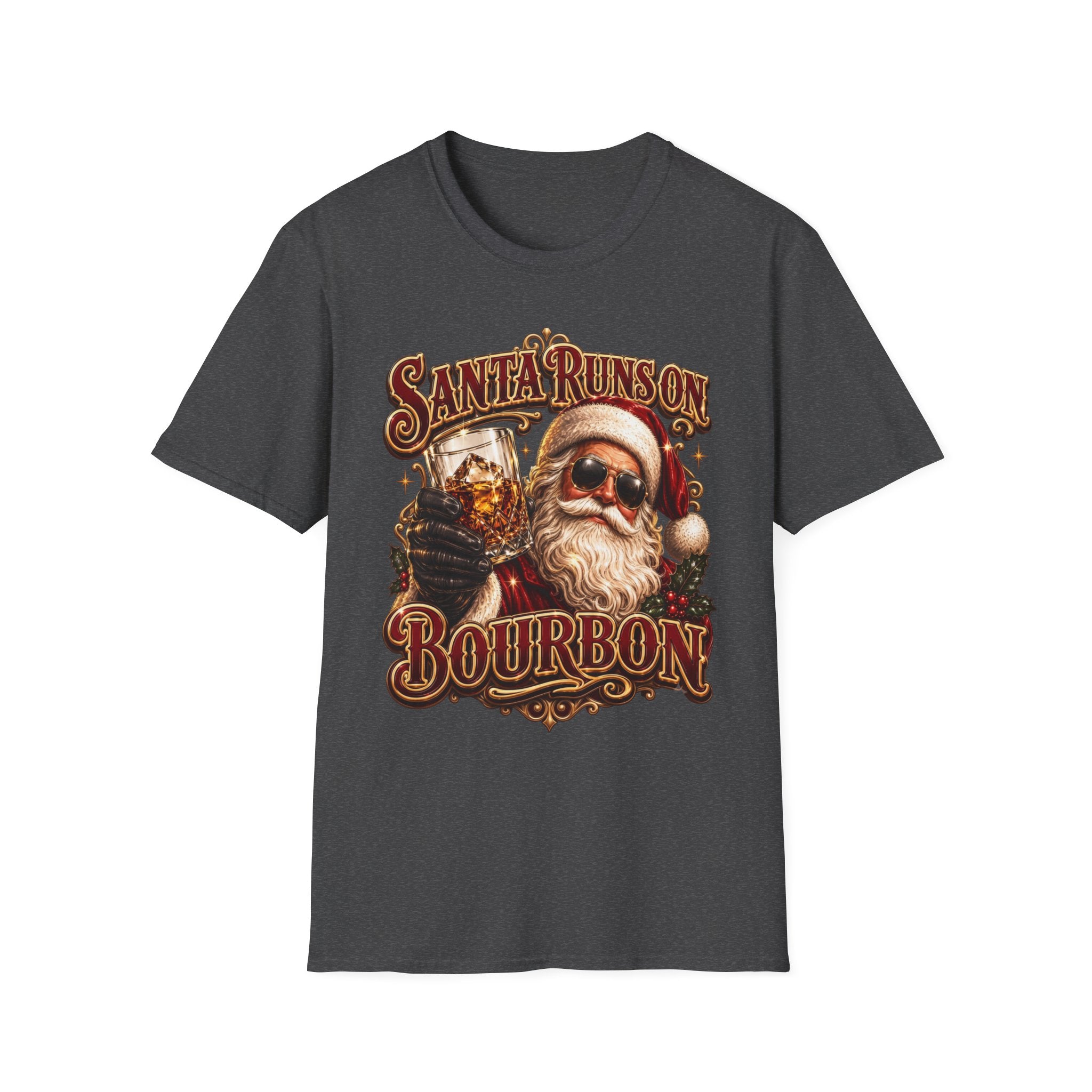 Santa Runs on Bourbon Vintage Whiskey print on the front of a Dark Heather t-shirt, laid flat on white