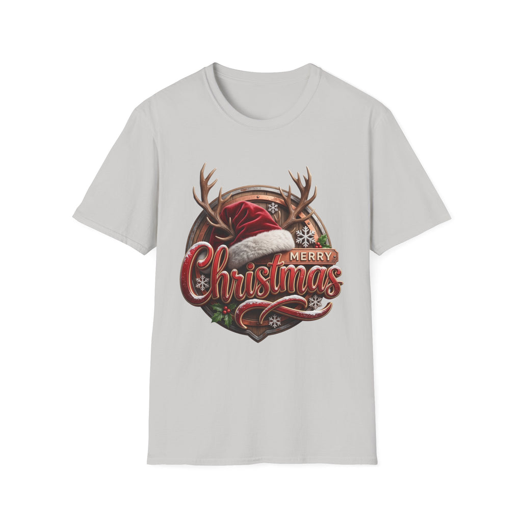 Merry Christmas Vintage Santa Hat & Antlers print on the front of an Ice Grey t-shirt, laid flat on white