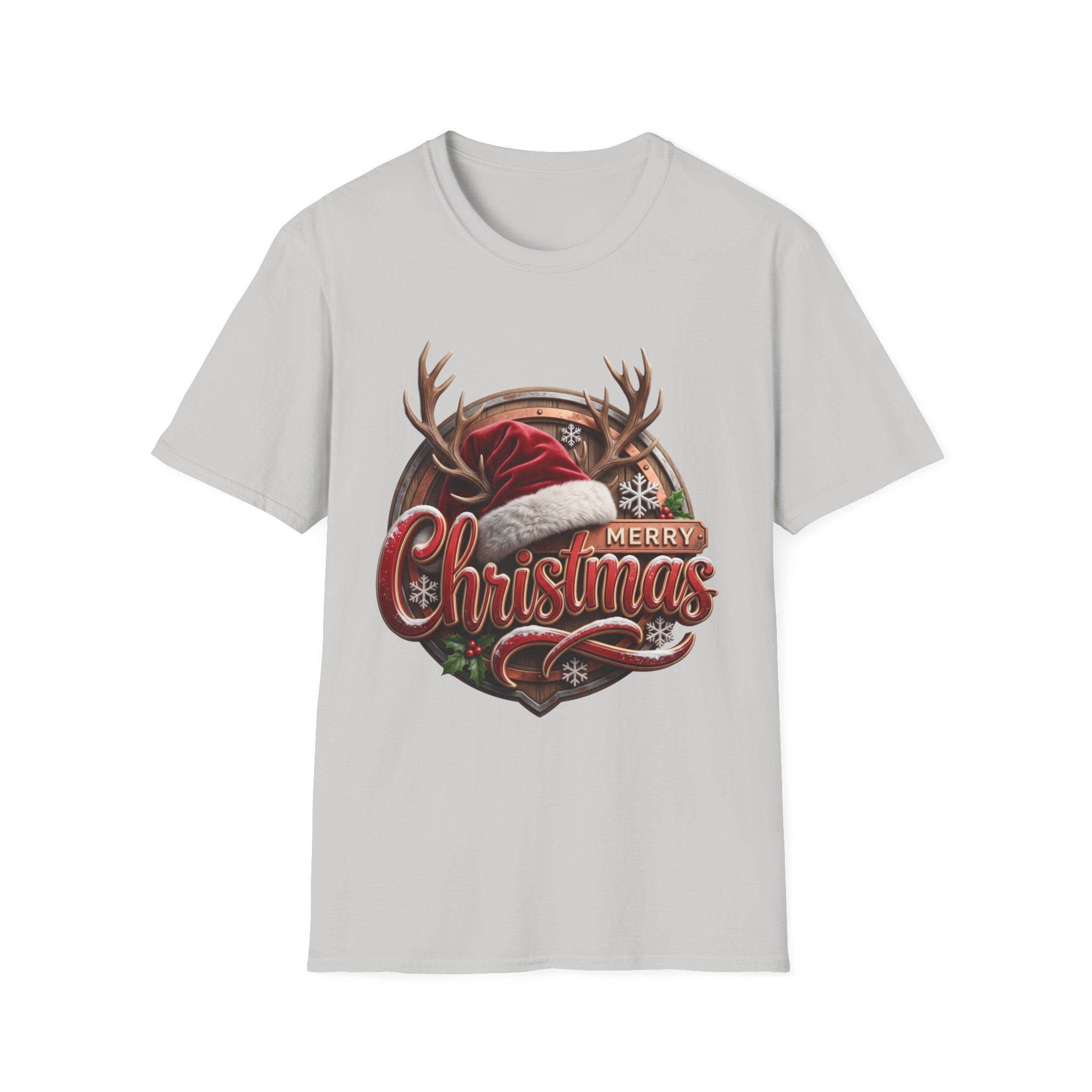 Merry Christmas Vintage Santa Hat & Antlers print on the front of an Ice Grey t-shirt, laid flat on white