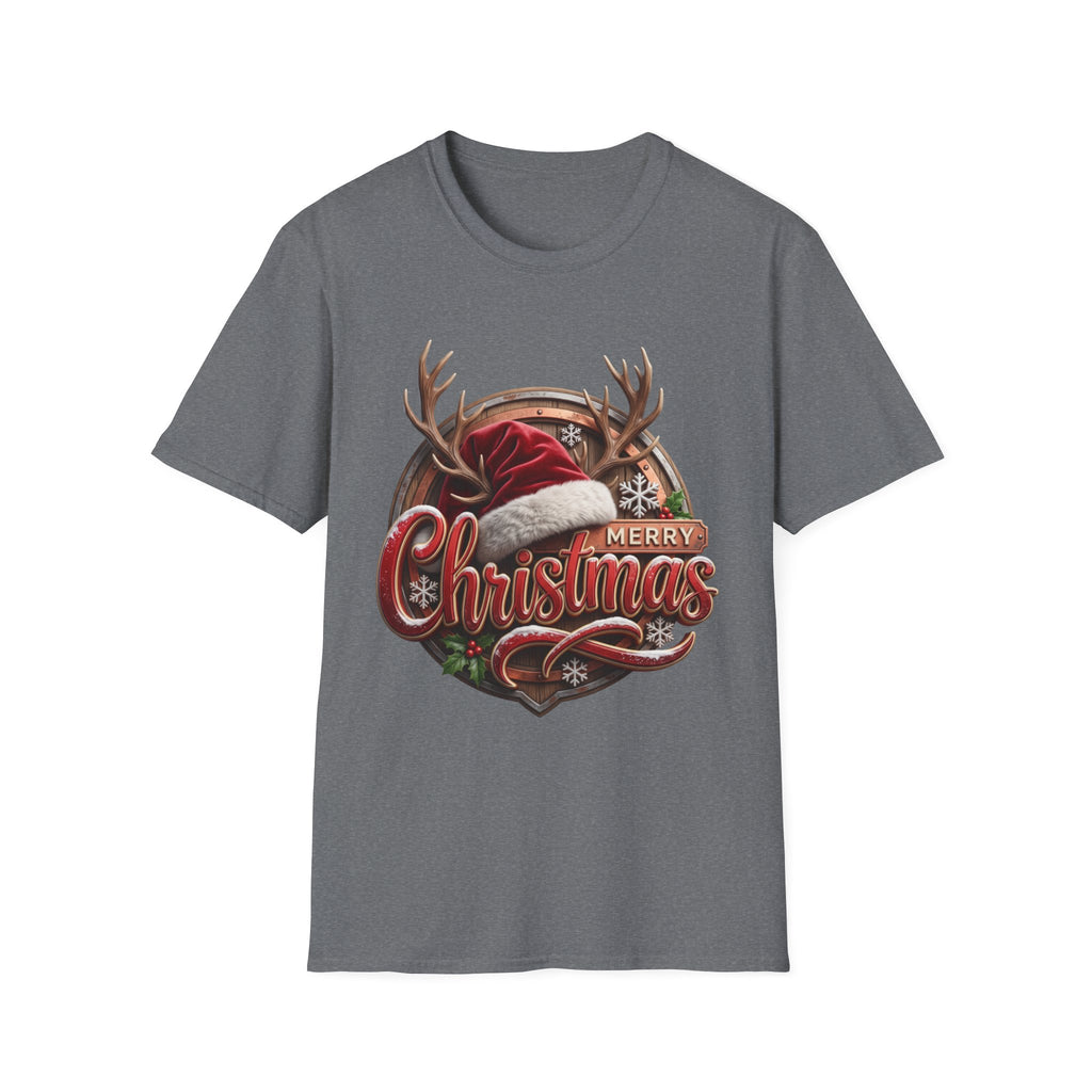 Merry Christmas Vintage Santa Hat & Antlers print on the front of a Graphite Heather t-shirt, laid flat on white