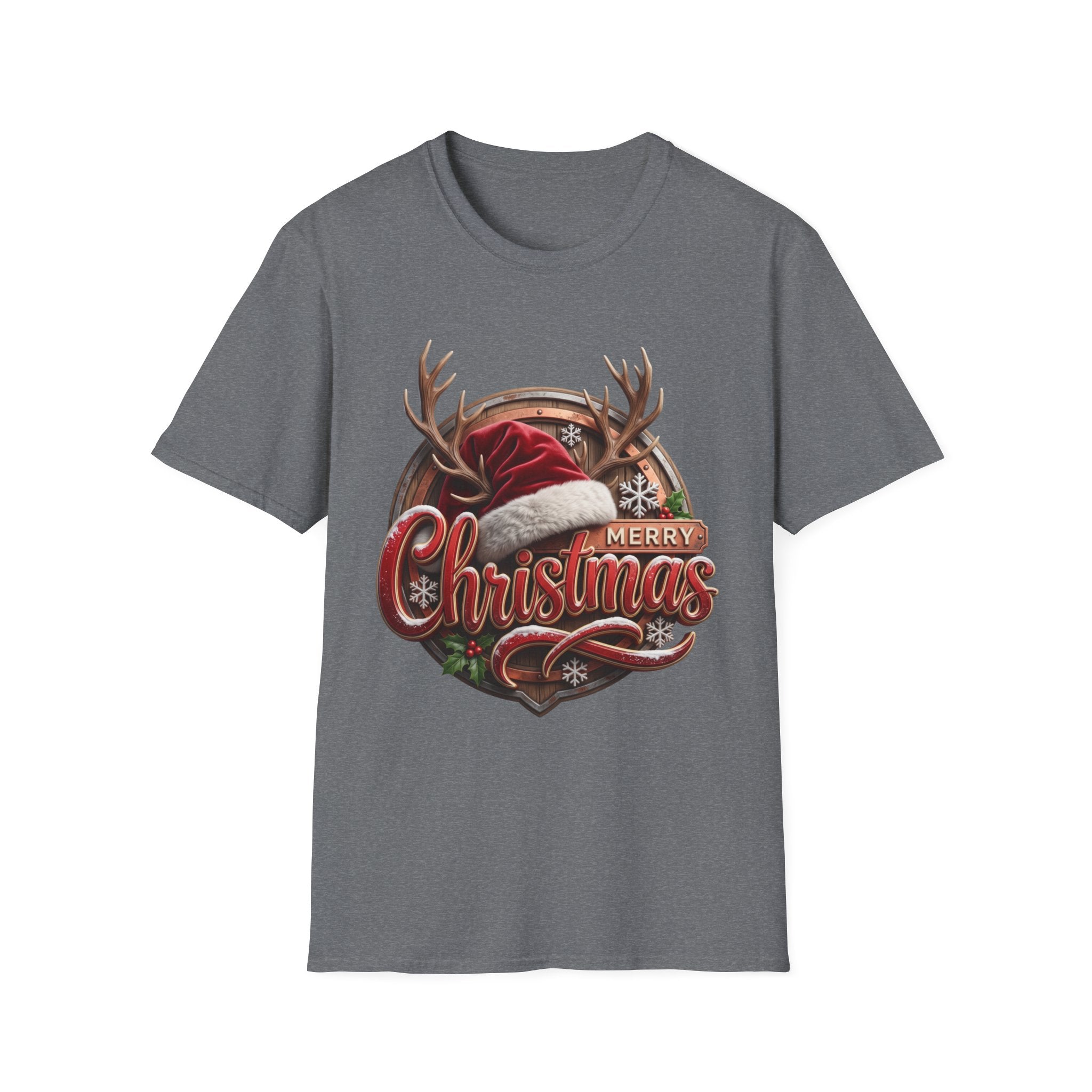 Merry Christmas Vintage Santa Hat & Antlers print on the front of a Graphite Heather t-shirt, laid flat on white