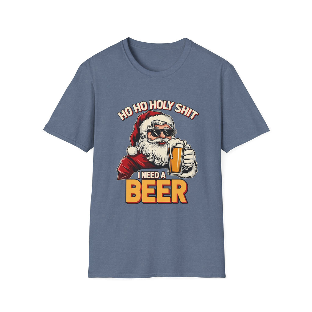 Ho Ho Holy Sh*t I Need a Beer print on the front of a Heather Indigo t-shirt, laid flat on white