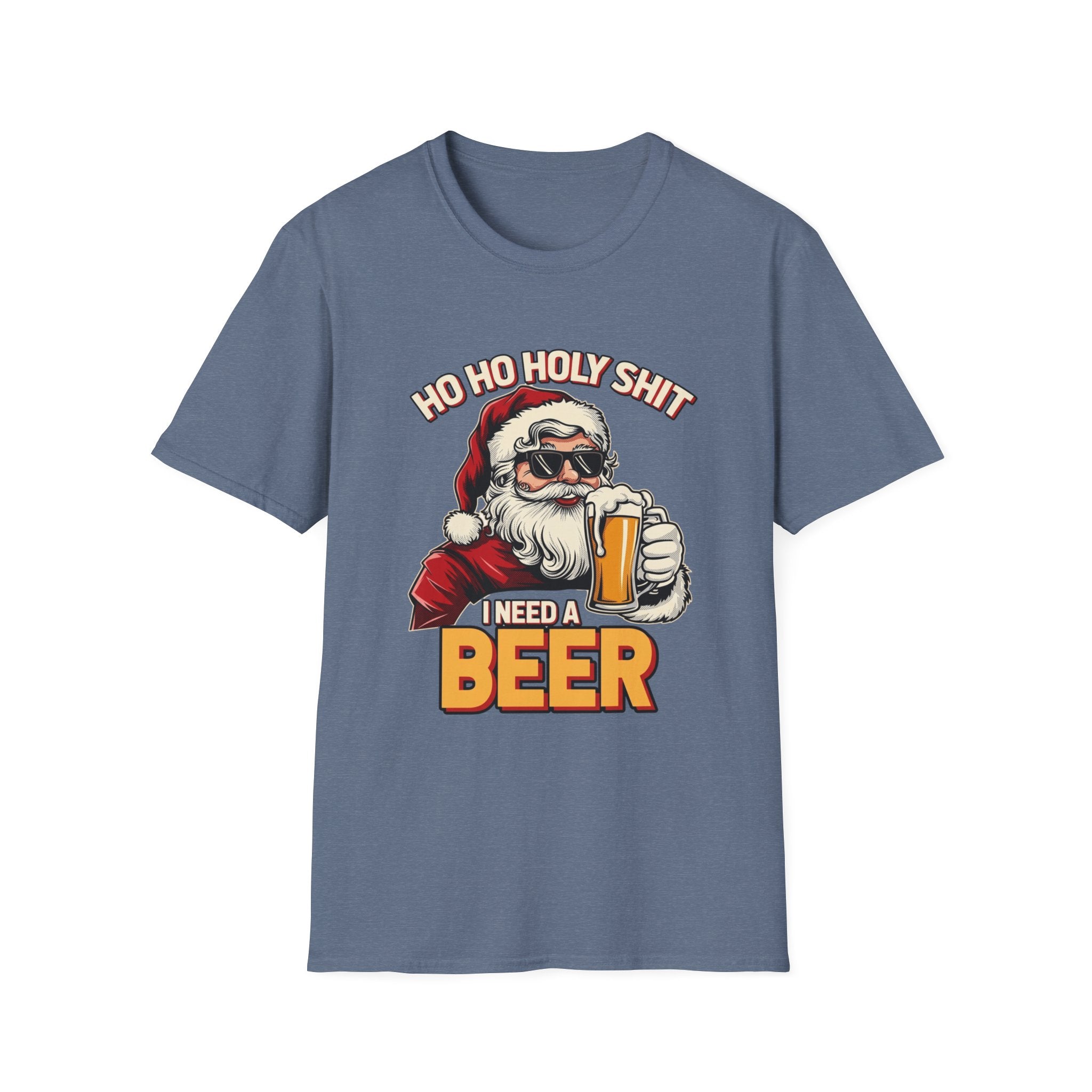 Ho Ho Holy Sh*t I Need a Beer print on the front of a Heather Indigo t-shirt, laid flat on white