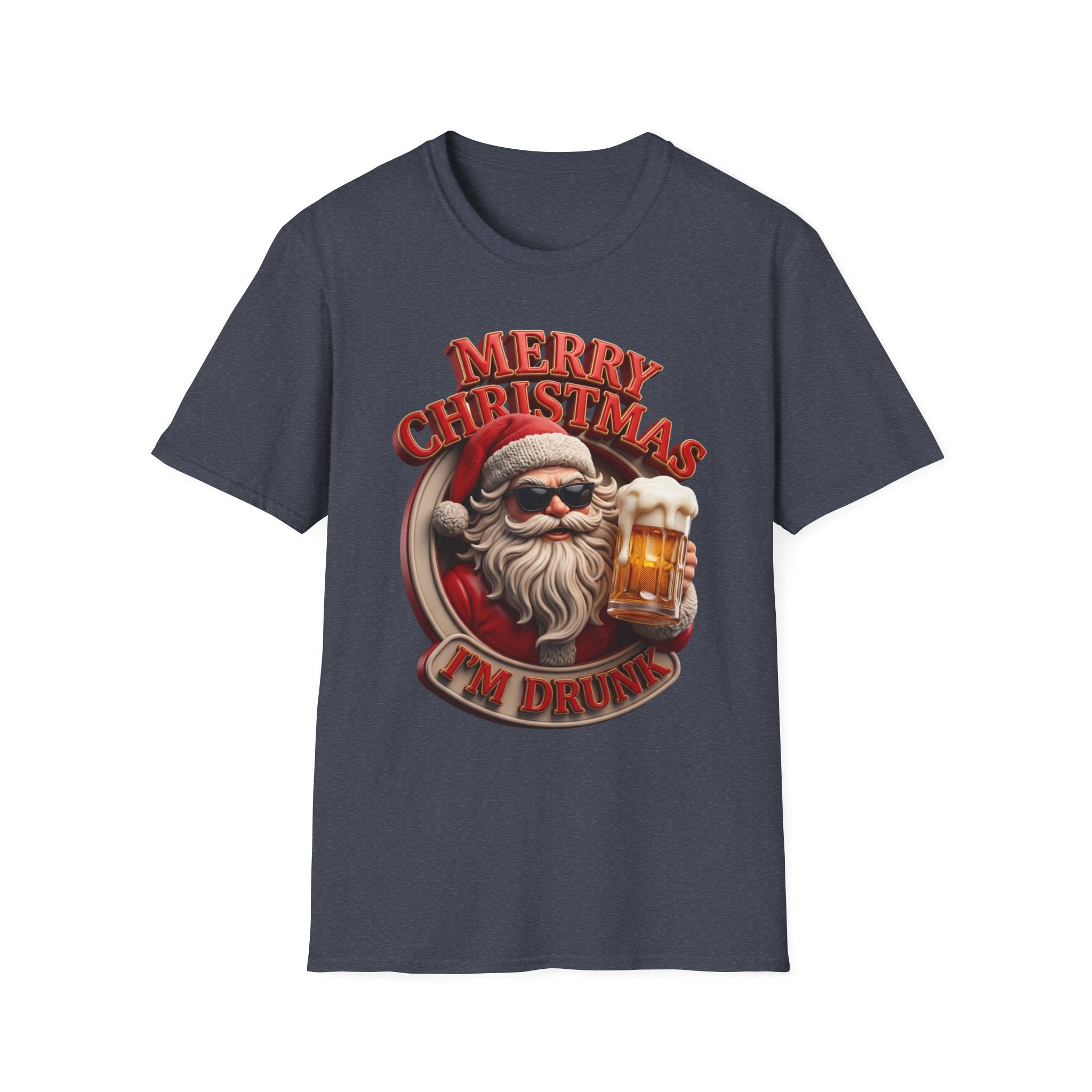 Merry Christmas I'm Drunk Santa print on the front of a Heather Navy t-shirt, laid flat on white