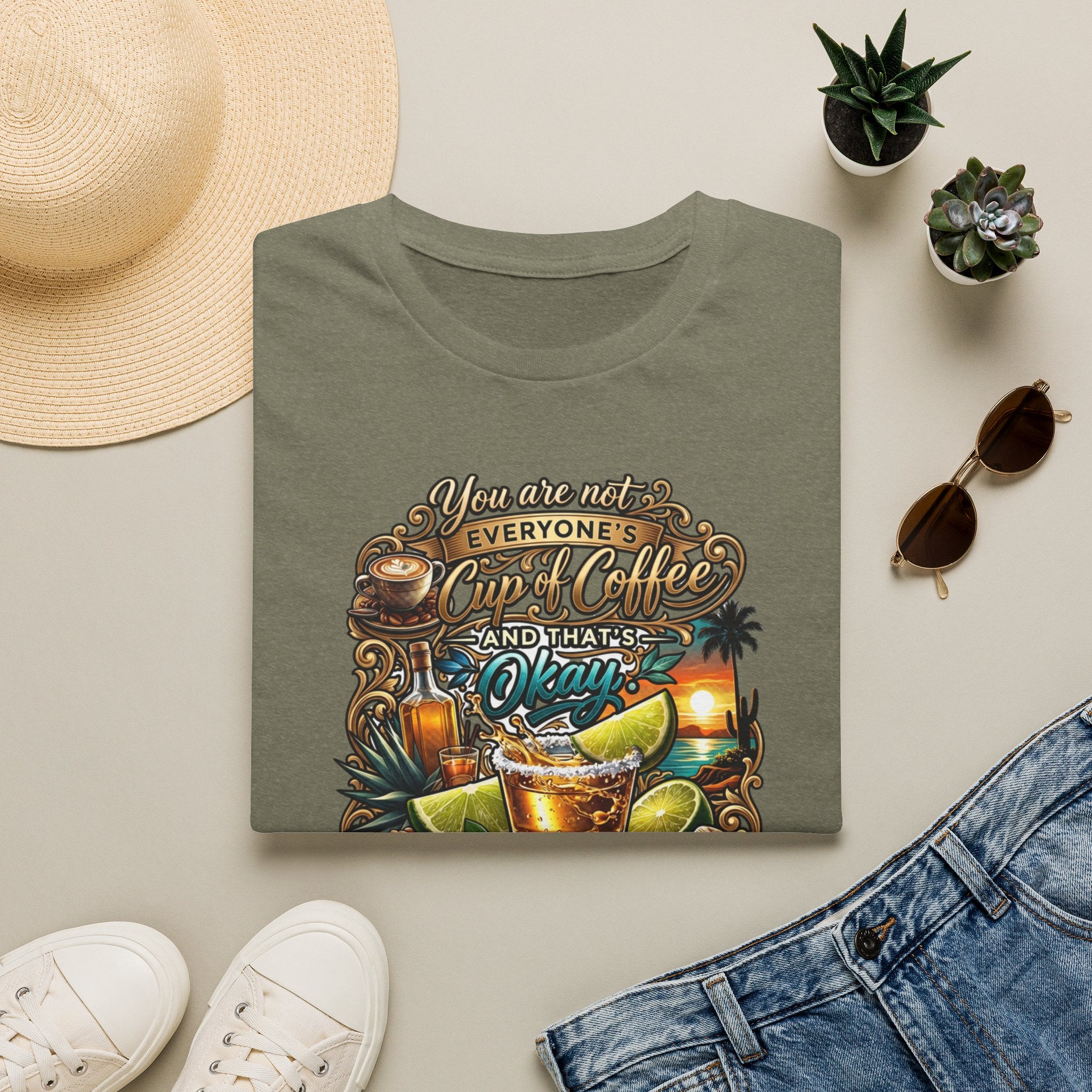 Not Everyone's Cup of Coffee You're Tequila print on a Heather Military Green t-shirt, folded beside a straw hat and jeans
