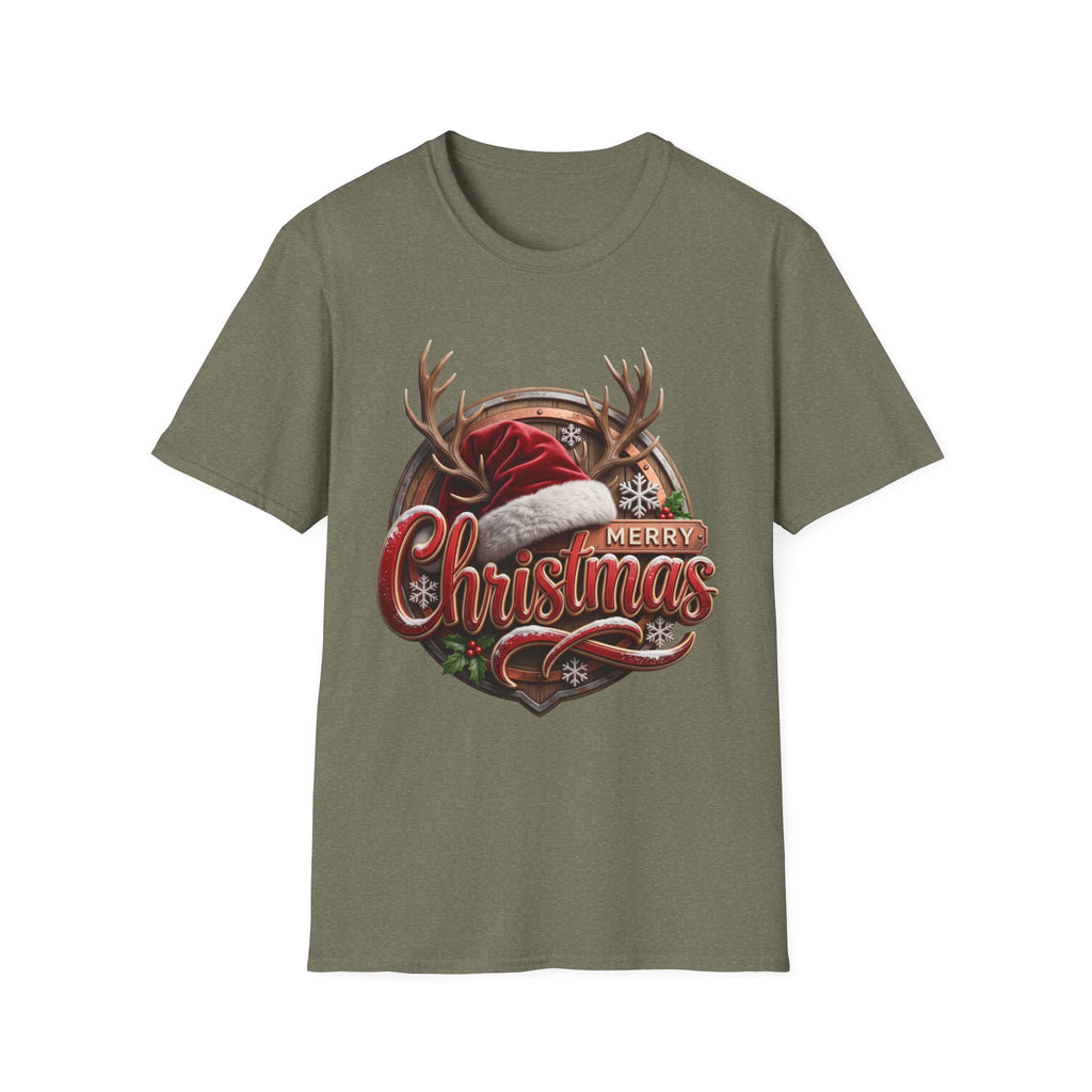 Merry Christmas Vintage Santa Hat & Antlers print on the front of a Heather Military Green t-shirt, laid flat on white