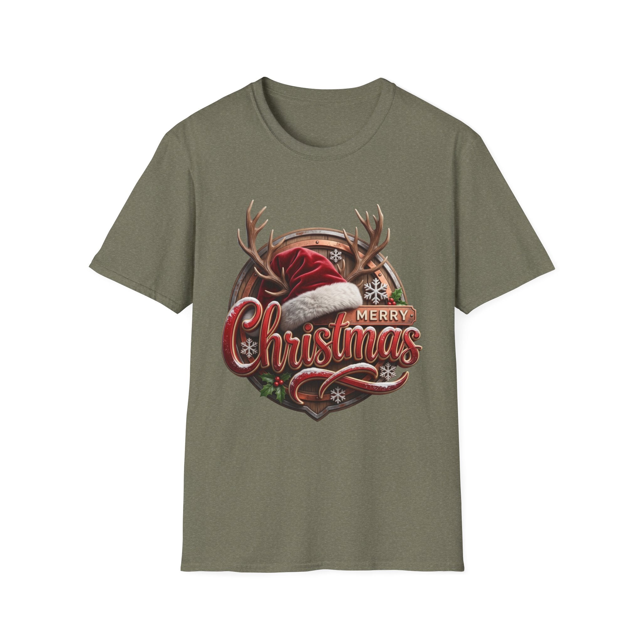 Merry Christmas Vintage Santa Hat & Antlers print on the front of a Heather Military Green t-shirt, laid flat on white