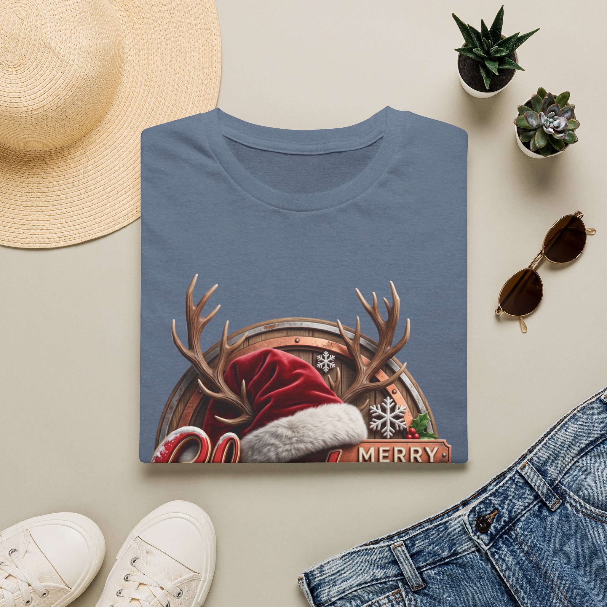 Merry Christmas Vintage Santa Hat & Antlers print on a Heather Indigo t-shirt, folded beside a straw hat and jeans