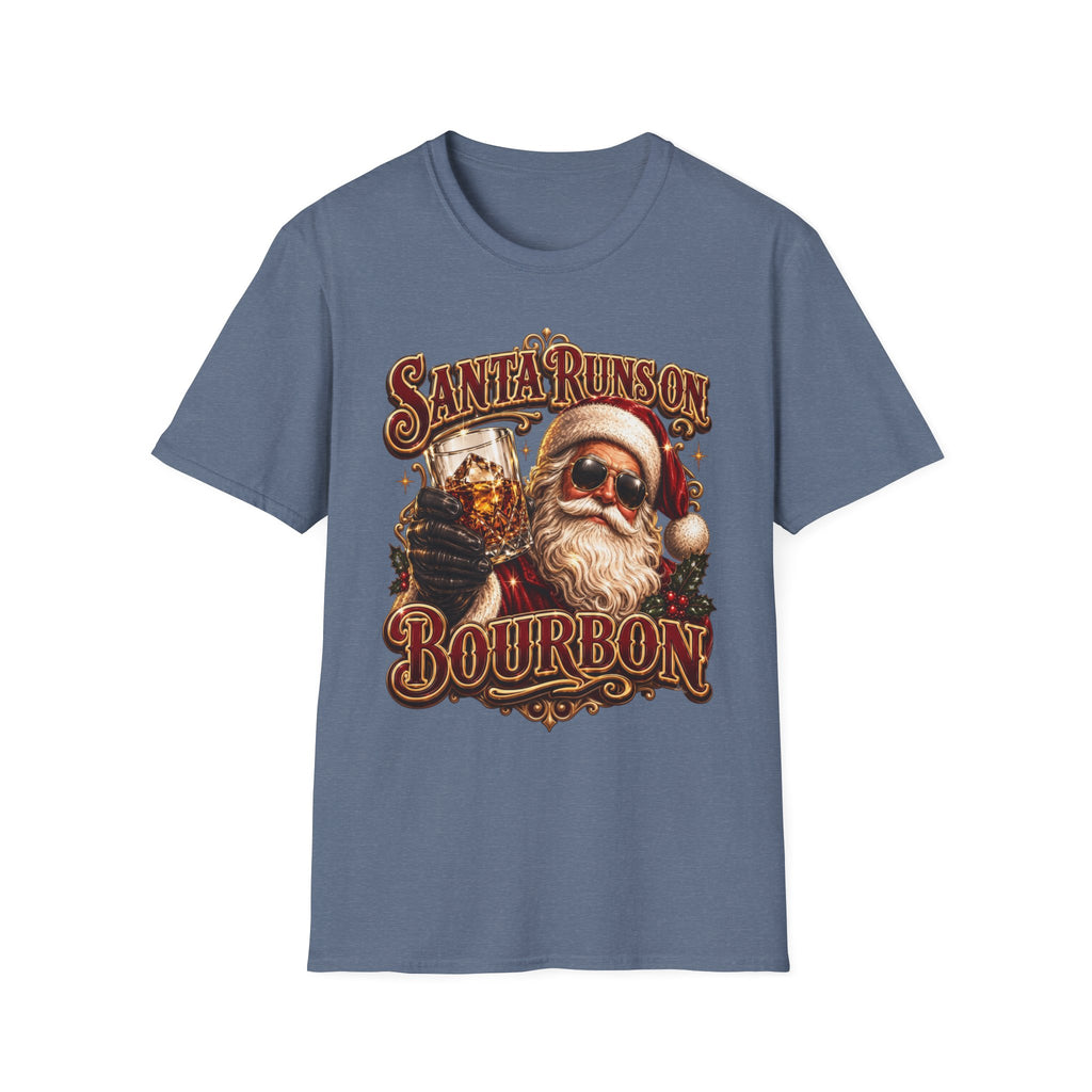 Santa Runs on Bourbon Vintage Whiskey print on the front of a Heather Indigo t-shirt, laid flat on white