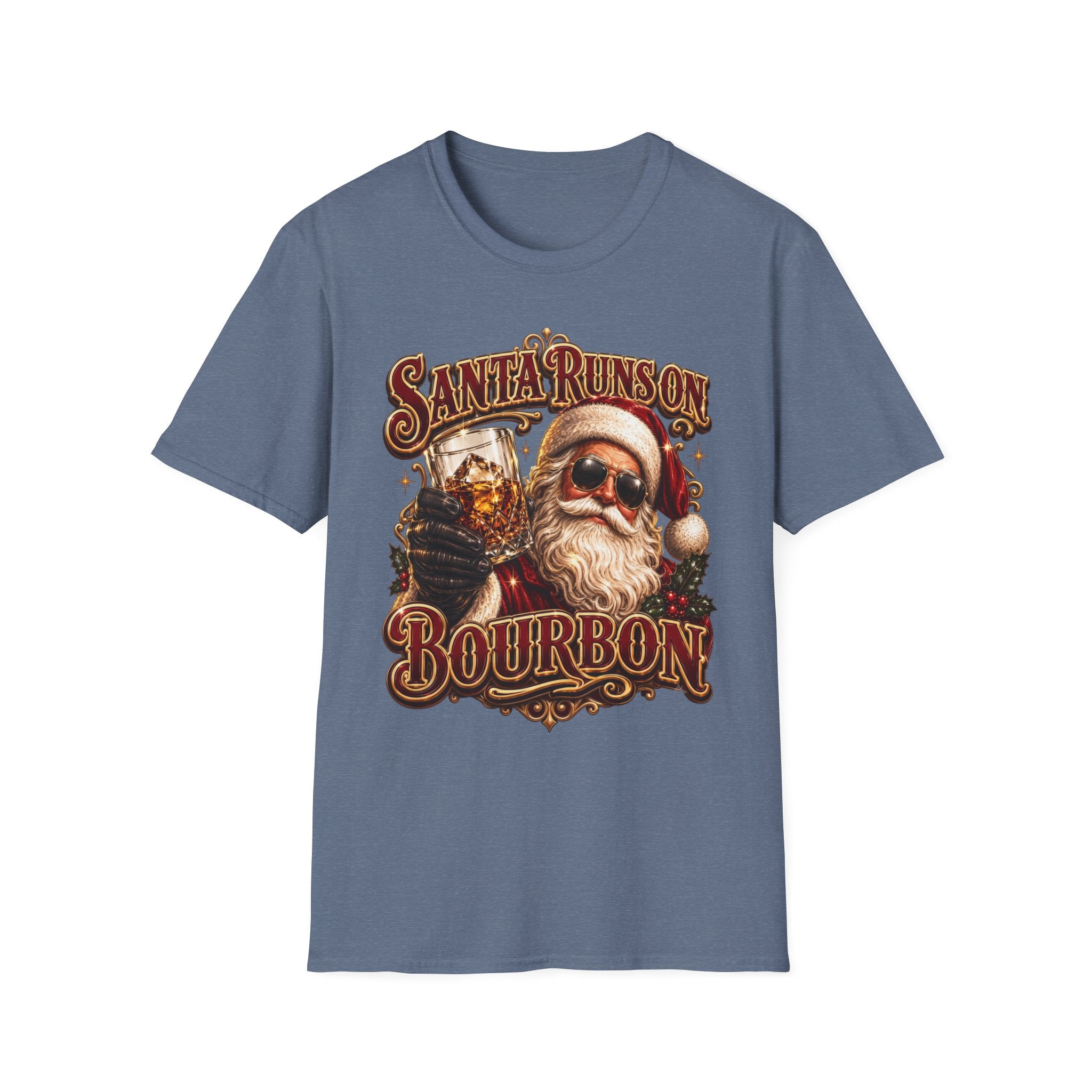 Santa Runs on Bourbon Vintage Whiskey print on the front of a Heather Indigo t-shirt, laid flat on white
