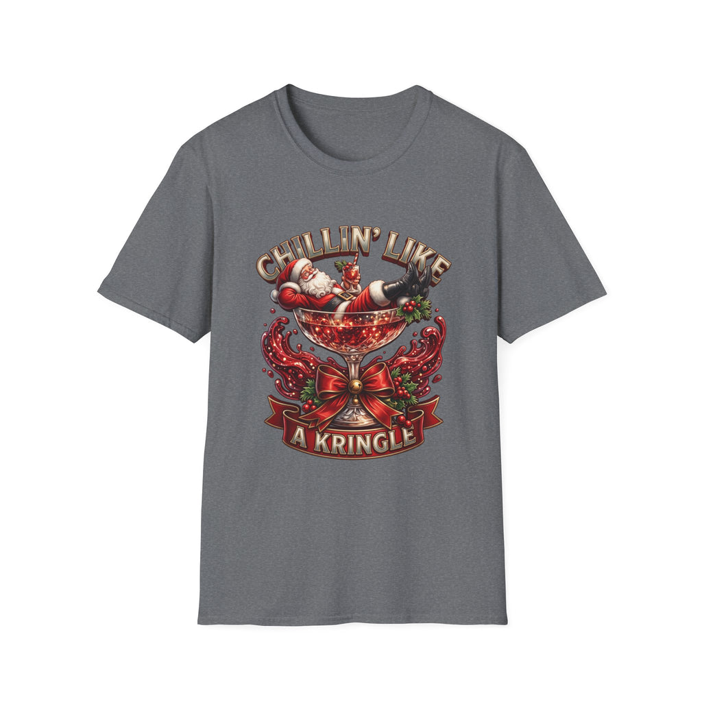 Chillin' Like a Kringle Santa print on the front of a Graphite Heather t-shirt, laid flat on white