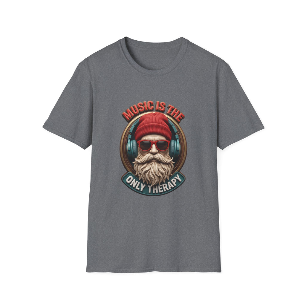 Music Is The Only Therapy Bearded Beanie print on the front of a Graphite Heather t-shirt, laid flat on white