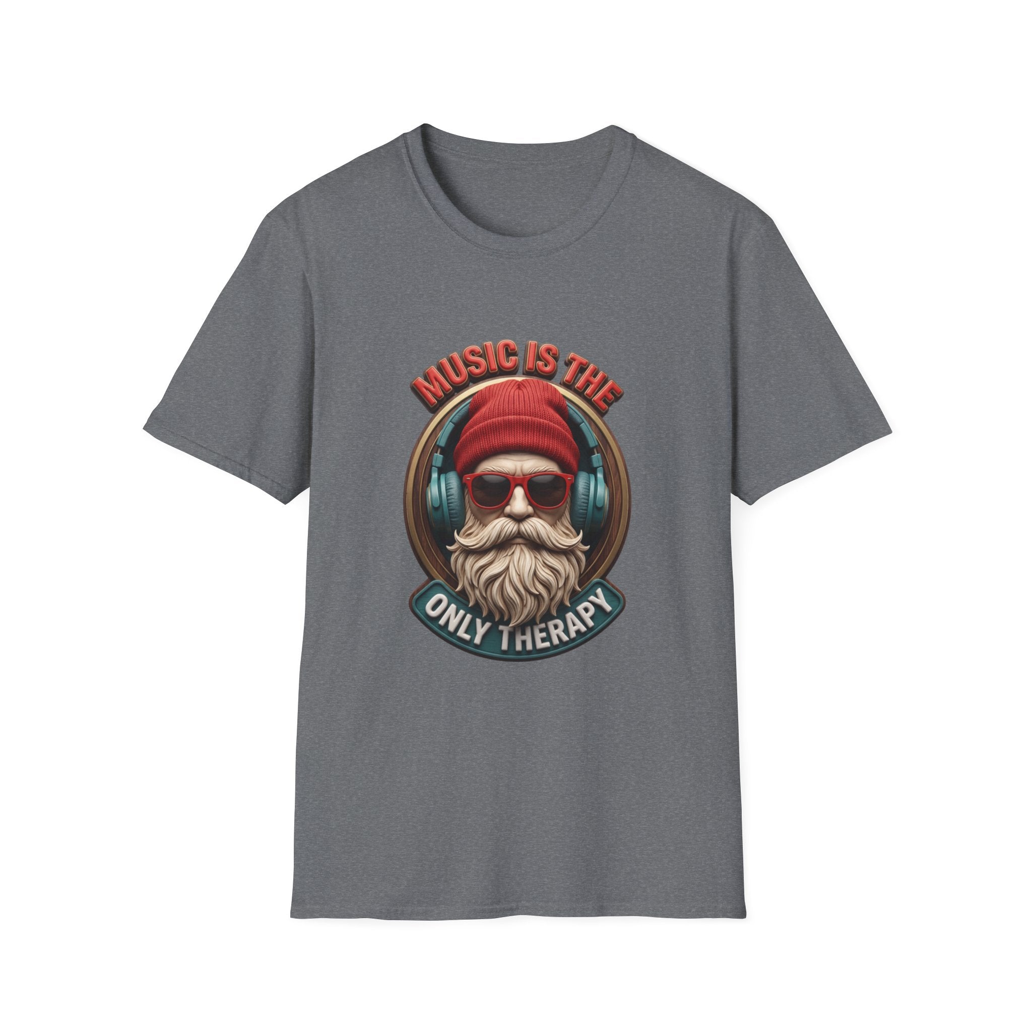 Music Is The Only Therapy Bearded Beanie print on the front of a Graphite Heather t-shirt, laid flat on white