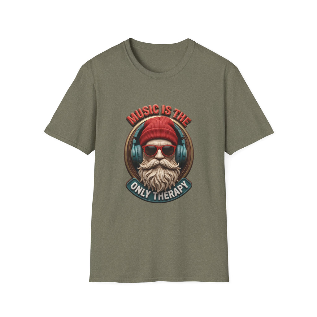 Music Is The Only Therapy Bearded Beanie print on the front of a Heather Military Green t-shirt, laid flat on white