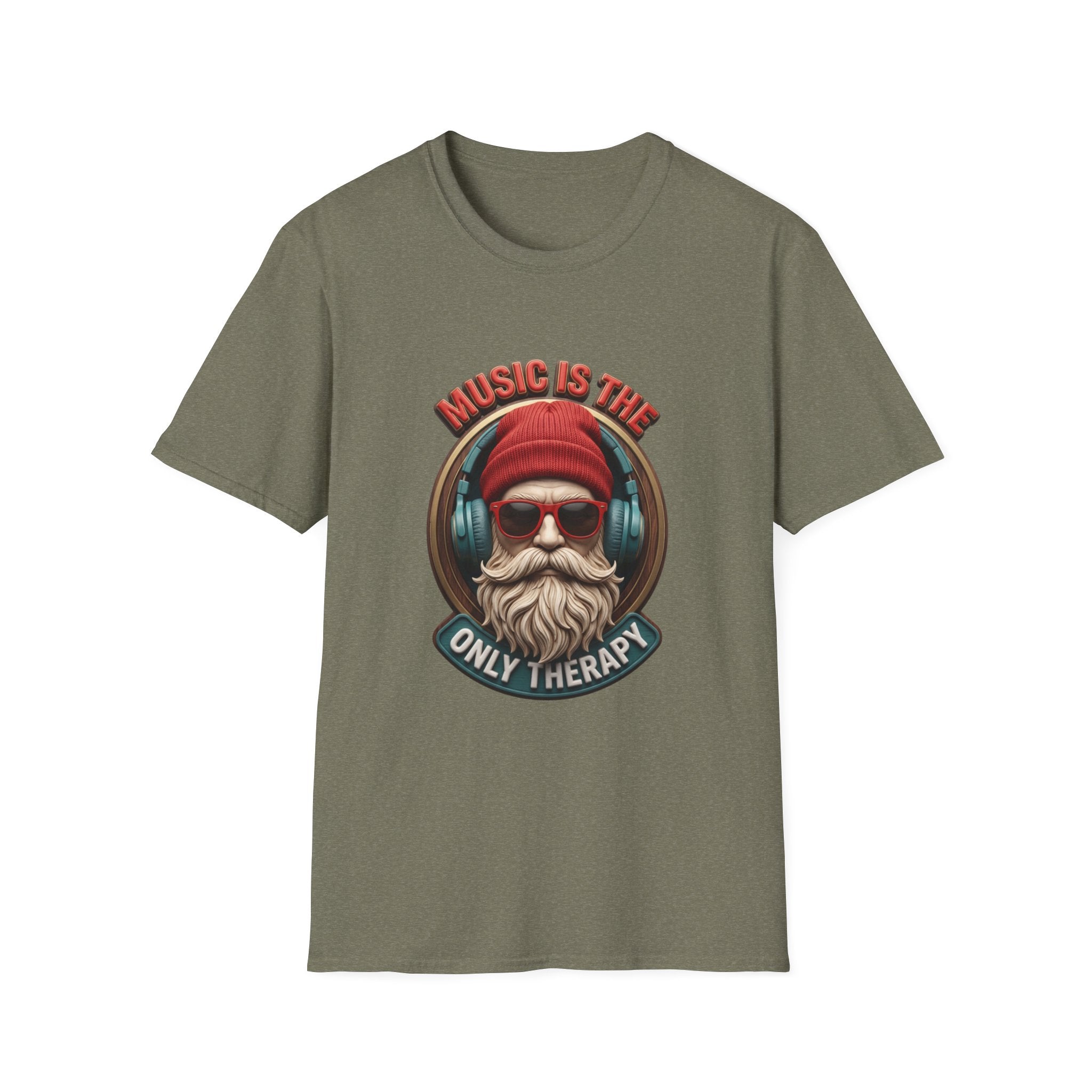 Music Is The Only Therapy Bearded Beanie print on the front of a Heather Military Green t-shirt, laid flat on white