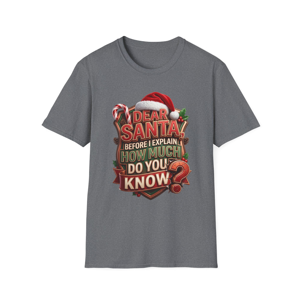 Dear Santa Before I Explain print on the front of a Graphite Heather t-shirt, laid flat on white