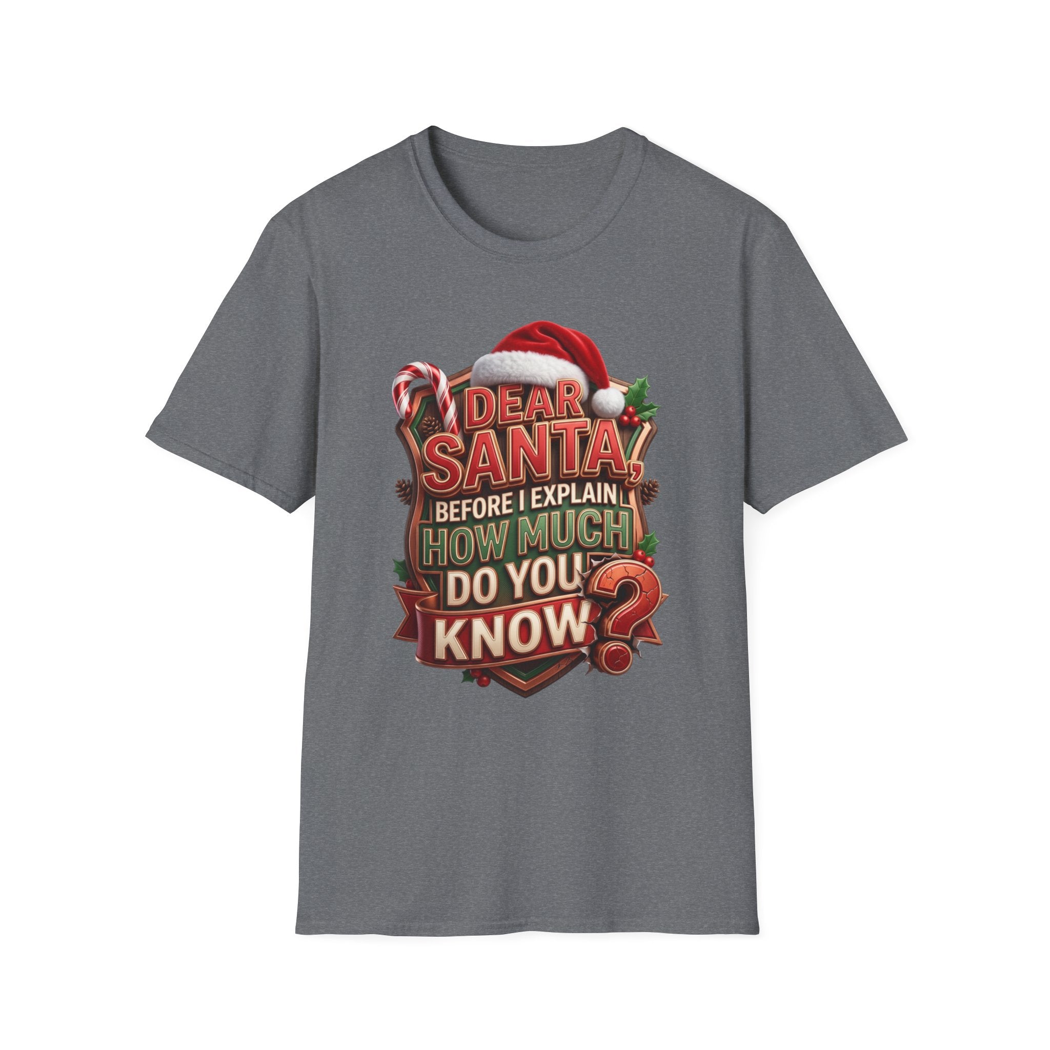 Dear Santa Before I Explain print on the front of a Graphite Heather t-shirt, laid flat on white