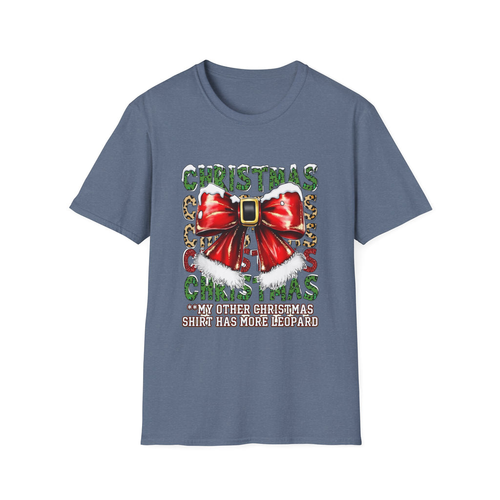 Stacked Christmas Leopard Print Santa Belt Bow print on the front of a Heather Indigo t-shirt, laid flat on white