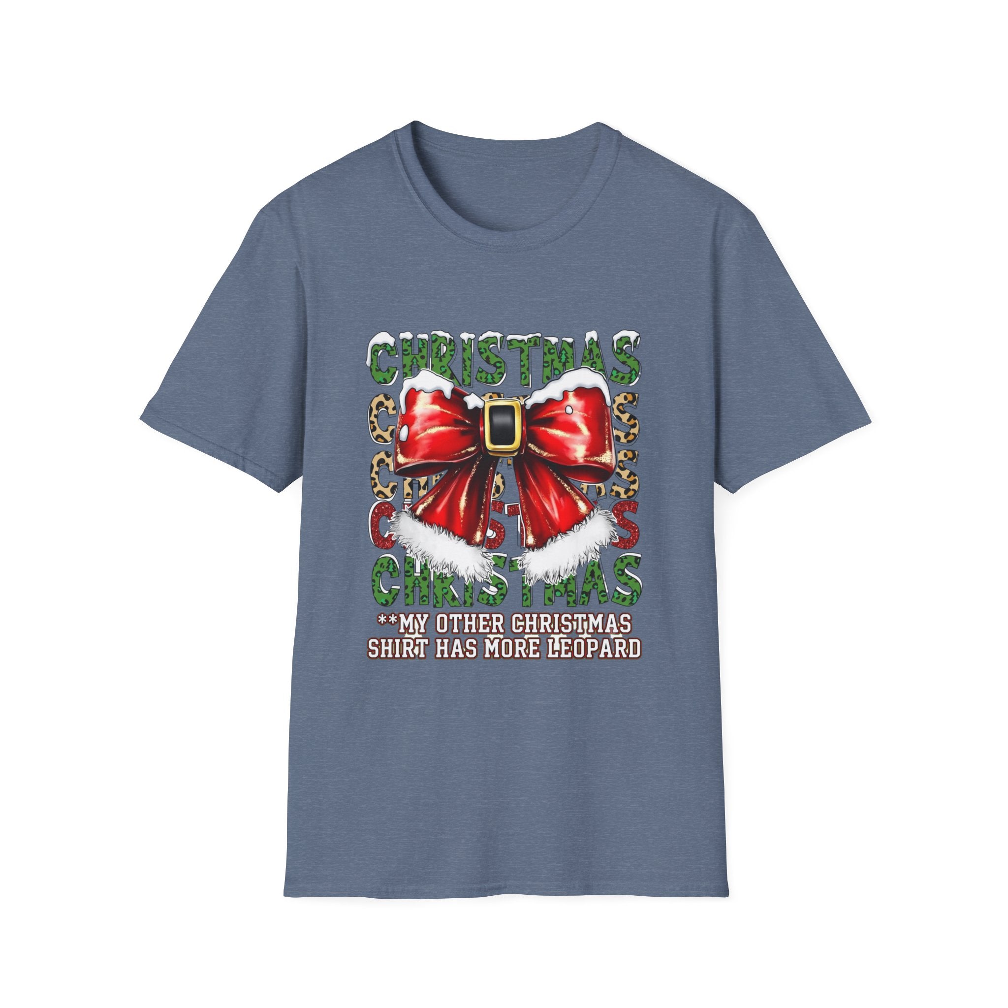 Stacked Christmas Leopard Print Santa Belt Bow print on the front of a Heather Indigo t-shirt, laid flat on white
