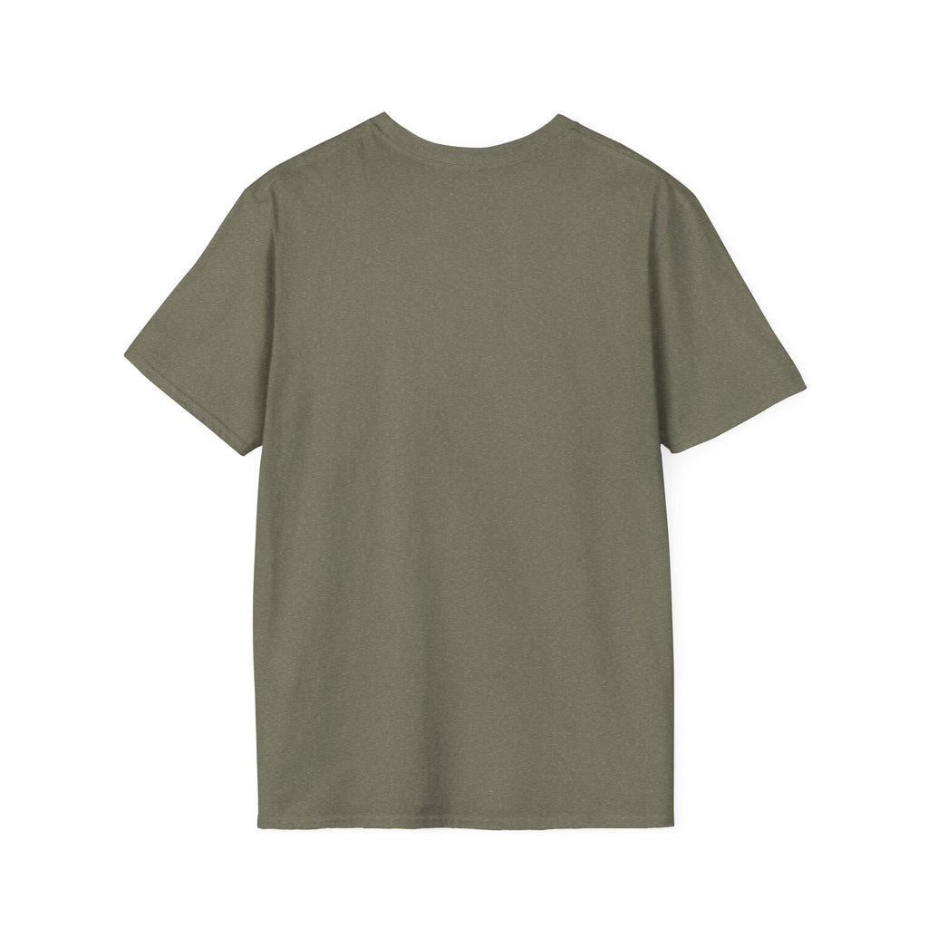 Back of the plain Heather Military Green t-shirt, no print, laid flat on white