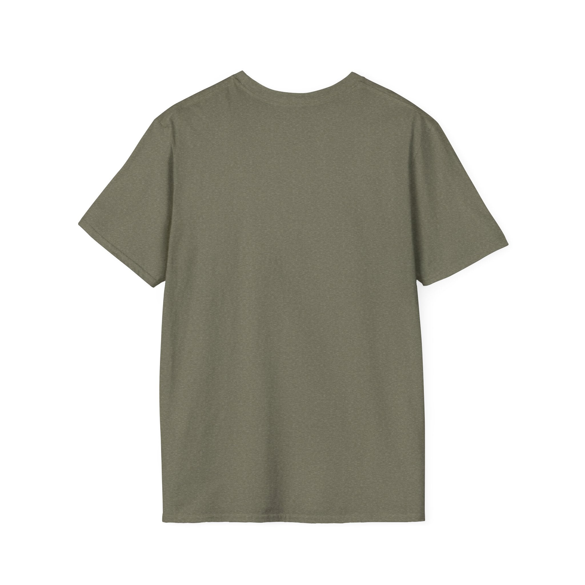 Back of the plain Heather Military Green t-shirt, no print, laid flat on white