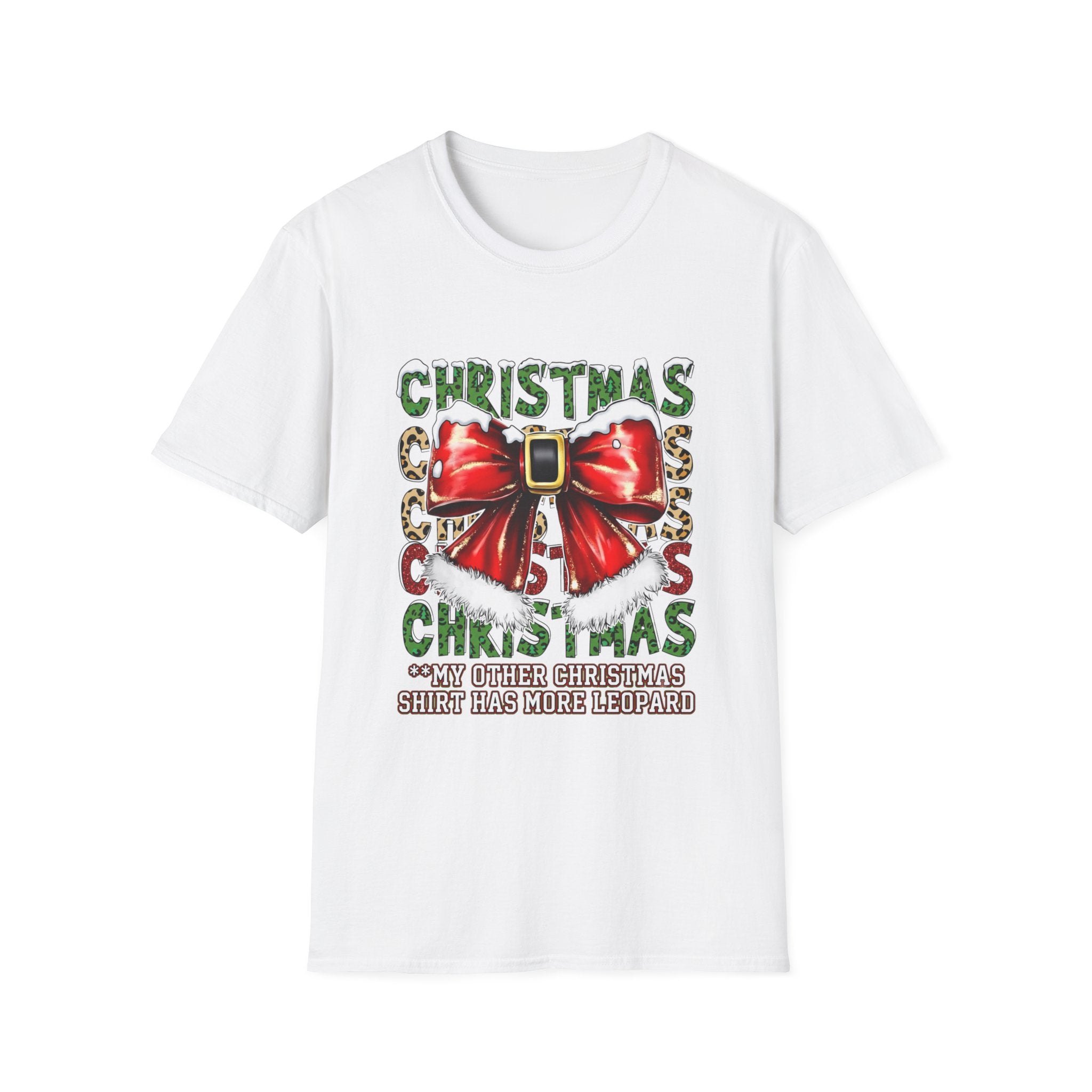 Stacked Christmas Leopard Print Santa Belt Bow print on the front of a White t-shirt, laid flat on white