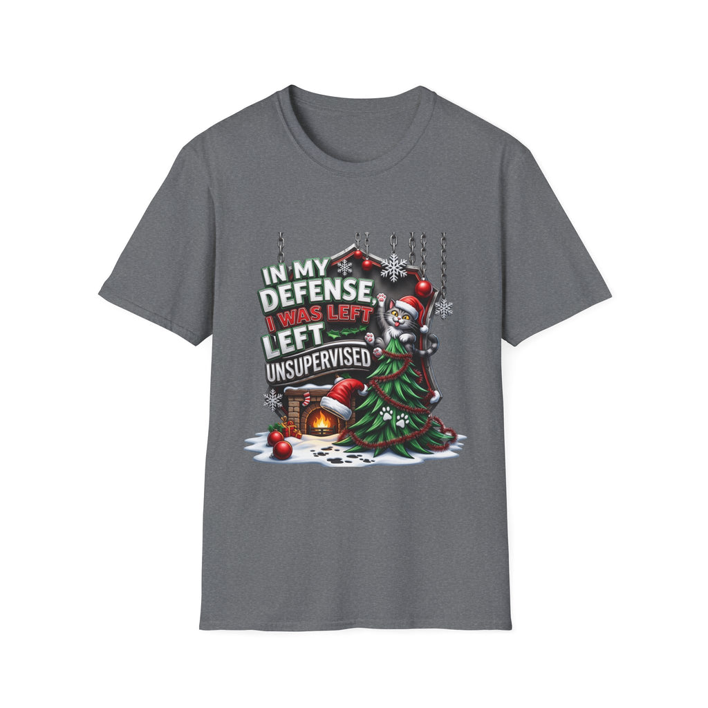 Cat In My Defense Left Unsupervised print on the front of a Graphite Heather t-shirt, laid flat on white