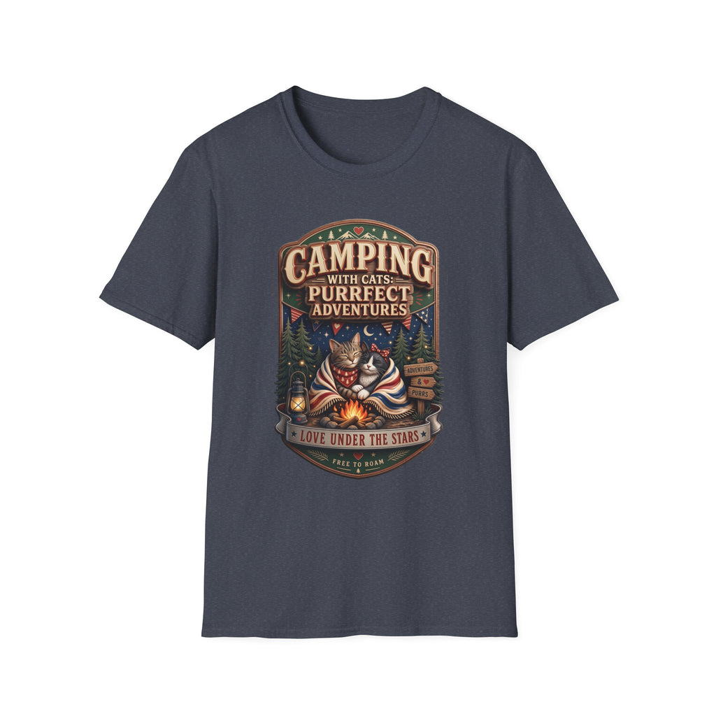 Camping With Cats Purrfect Adventures print on the front of a Heather Navy t-shirt, laid flat on white