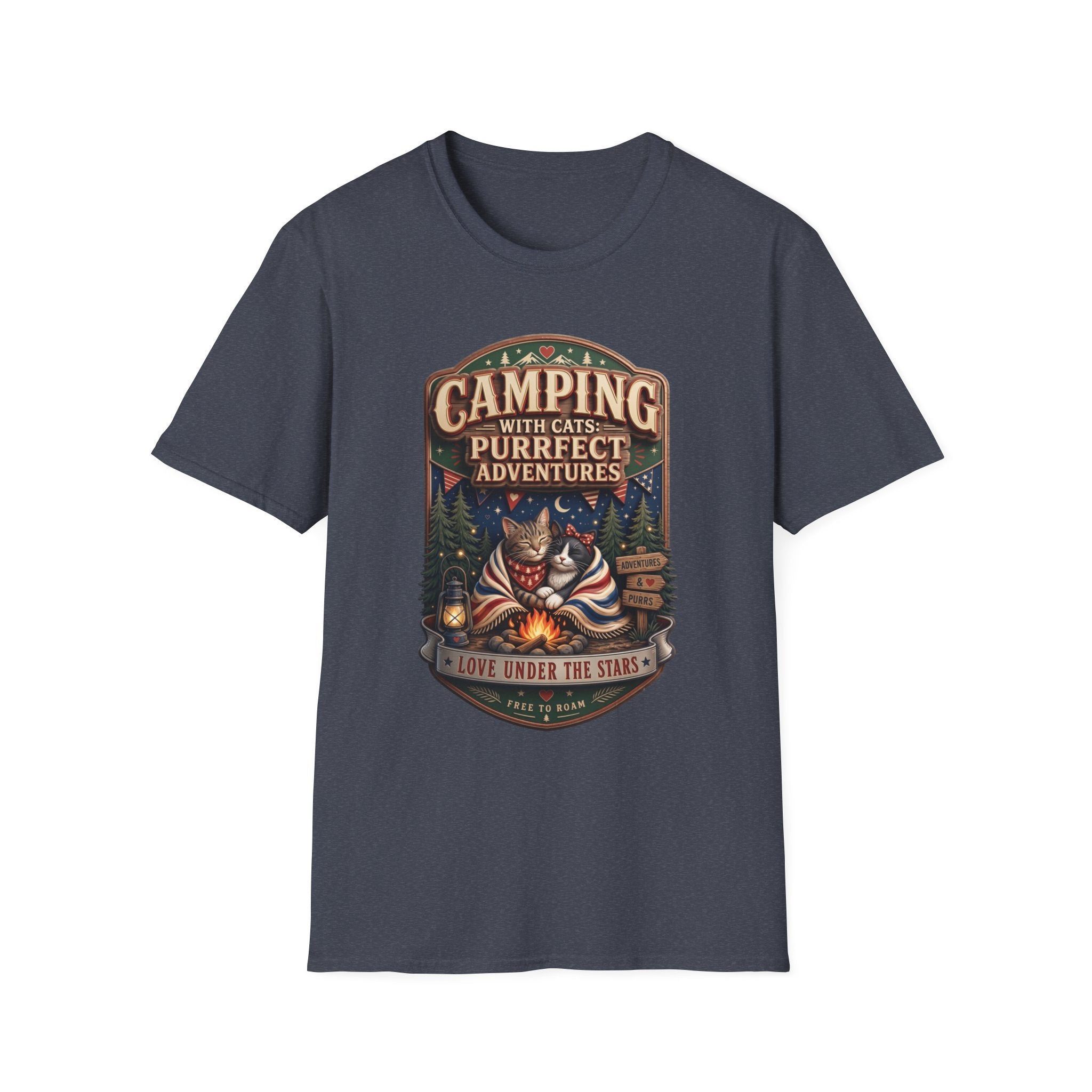 Camping With Cats Purrfect Adventures print on the front of a Heather Navy t-shirt, laid flat on white
