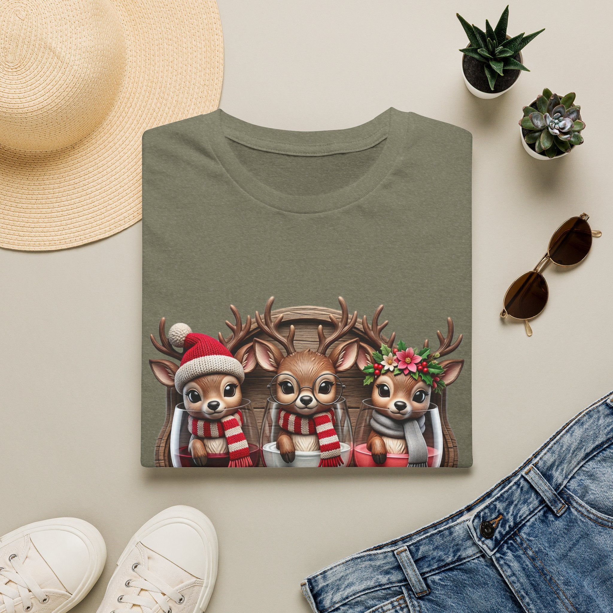 Drink Drank Drunk Reindeer Wine Trio print on a Heather Military Green t-shirt, folded beside a straw hat and jeans