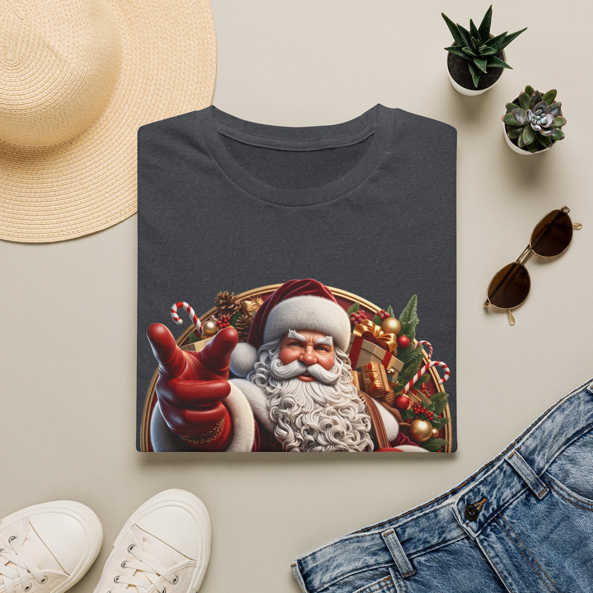 Santa You're On The List Pointing print on a Dark Heather Grey t-shirt, folded beside a straw hat and jeans