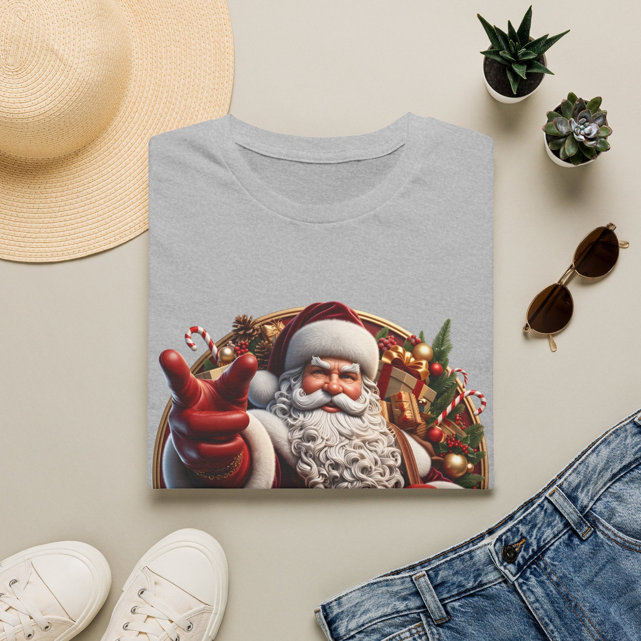Santa You're On The List Pointing print on a Sport Grey t-shirt, folded beside a straw hat and jeans