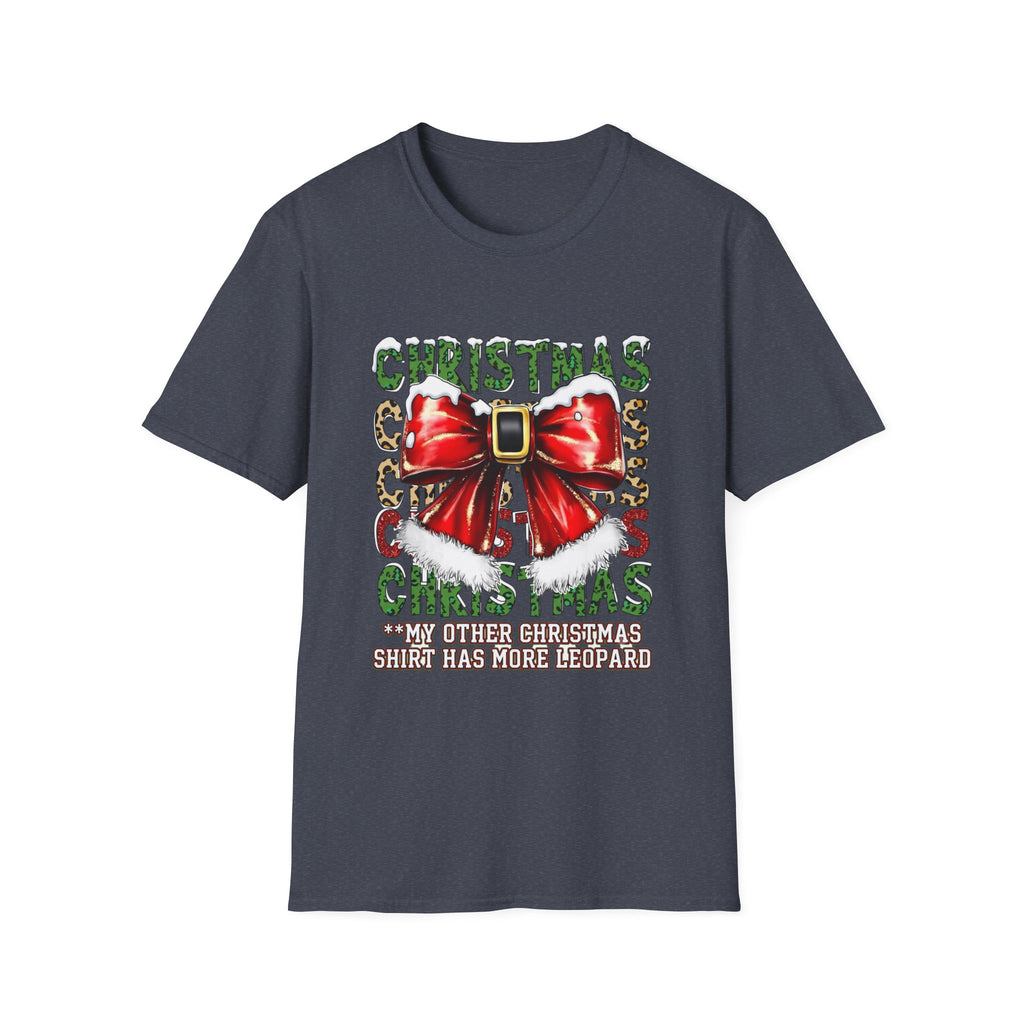 Stacked Christmas Leopard Print Santa Belt Bow print on the front of a Heather Navy t-shirt, laid flat on white