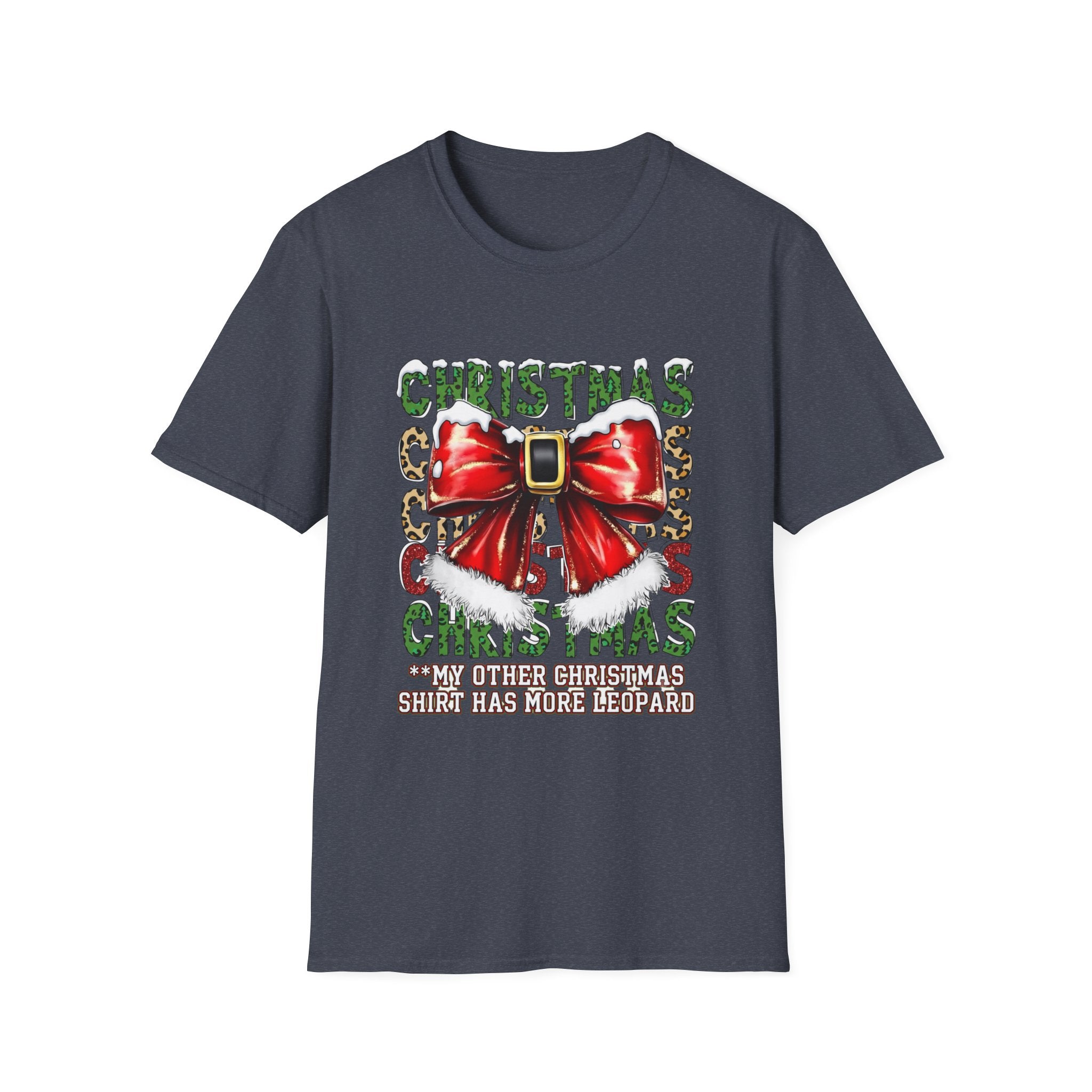 Stacked Christmas Leopard Print Santa Belt Bow print on the front of a Heather Navy t-shirt, laid flat on white